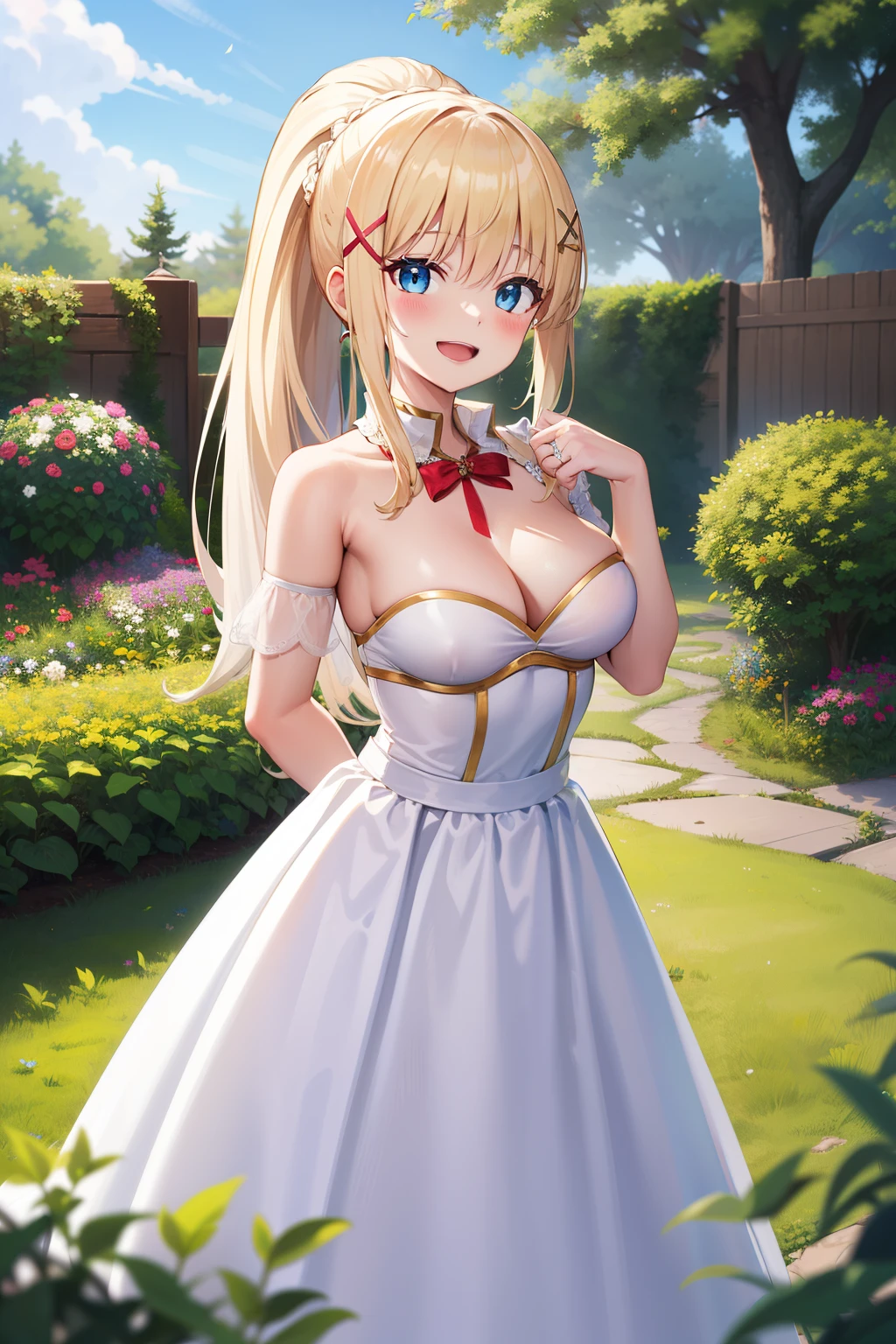 masterpiece, nsfw, erotic, 18+, best quality, highres, aarurutie,1girl, wedding dress, white dress, standing, garden, smile, open mouth, long hair, blonde hair, x hair ornament, blue eyes, ponytail, hair ornament,