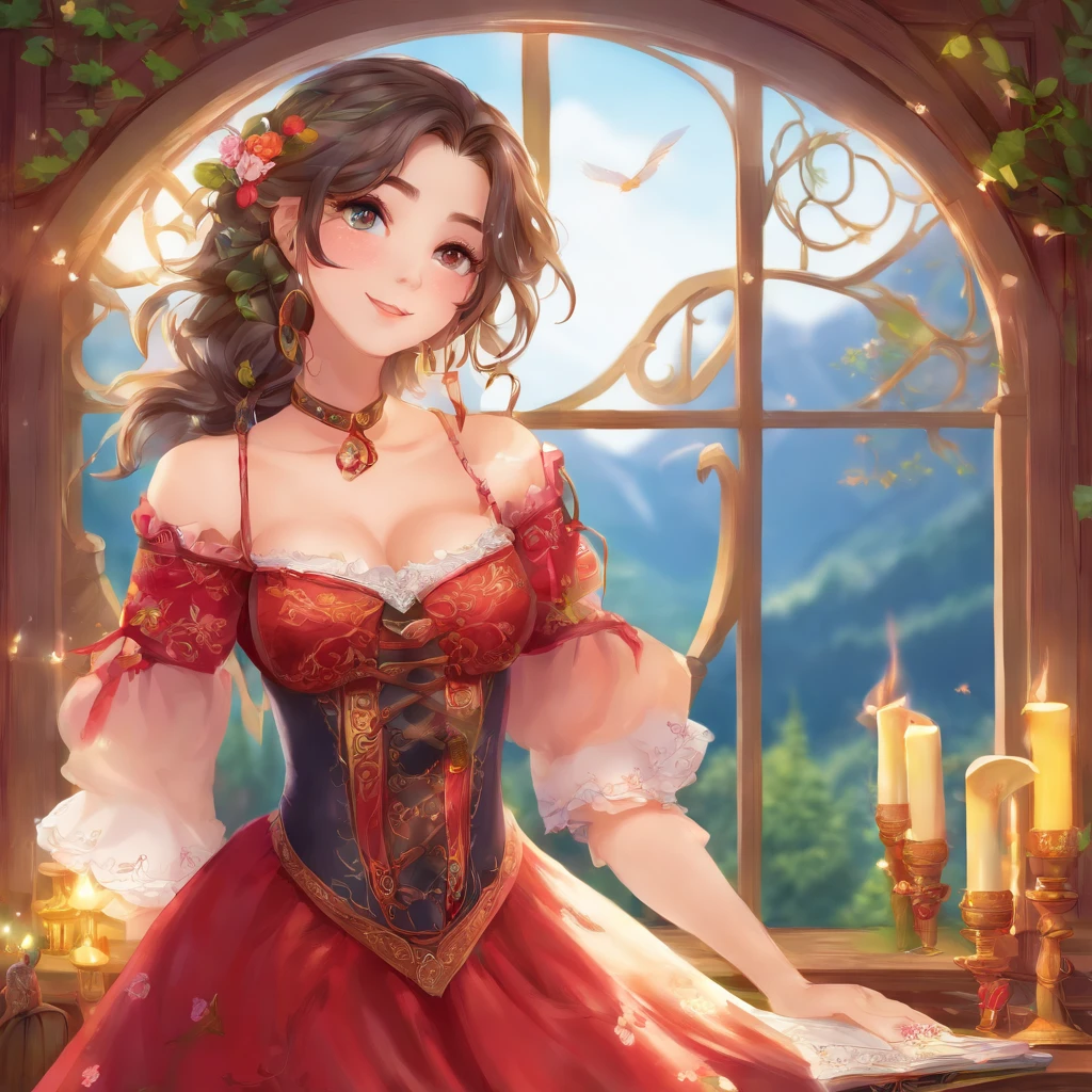 A girl with striking red eyes, fair and delicate skin, and beautiful long black hair stands before you. She exudes an aura of mystery and enchantment, dressed in a gothic style outfit that perfectly complements her ethereal beauty. Her attire, adorned with elegant lace and intricate details, elegantly drapes her figure. The combination of a corset cinching her waist and billowy skirts adds a touch of romance to her appearance. The clothing is predominantly black, accentuated by hints of vibrant red and silver trims, exuding a sense of dark elegance.

Her eyes, a captivating shade of red, are the most arresting feature on her pale face. The vividness of her gaze, intensified by the contrast with her porcelain skin, gives her an otherworldly charm. Her lips, cherry red and delicately curved, possess a subtle hint of mischief, as if she holds secrets known only to her.

Surrounded by a calm and serene environment, the girl finds solace in a cozy cabin. The cabin emits warmth and tranquility, with soft candlelight illuminating the rustic wooden interior. The light casts gentle shadows, creating a perfect atmosphere for contemplation and relaxation. The surroundings are adorned with details, such as plush cushions and mesmerizing wall tapestries, further enhancing the cabin's coziness.

The girl's long lashes gracefully frame her eyes, adding to her captivating allure. Her gaze is thoughtful and filled with serene wisdom, as if she possesses ancient knowledge beyond her years. Her porcelain complexion, smooth and flawless, glows softly in the candlelight, enhancing her ethereal beauty.

The image exudes best quality, capturing every intricate detail in ultra-detailed fashion. From the delicate stitches on her gothic clothing to the fine texture of the wooden cabin, everything is rendered with masterful precision. The realistic portrayal, accentuated by studio lighting and vivid colors, brings the scene to life. The colors are rich and deep, with hints of crimson and ebony, perfectly complementing the gothic theme.

The lighting in the cabin is soft and warm, casting a gentle glow that accentuates the girl's features. The interplay between light and shadow adds depth and dimension to the scene, making it visually captivating. The flickering candlelight dances across the room, creating a serene ambiance that invites one to linger and experience the enchantment.

In summary, the prompt captures the essence of an elf girl with red eyes, fair skin, and black hair in gothic-style clothing. She is depicted in a calm and serene environment, like a comfy cabin. The prompt emphasizes the best quality, ultra-detailed elements, realistic and photorealistic attributes, and vivid colors. The gothic style and the interplay of warm lighting create an atmosphere of enchantment and mystique.