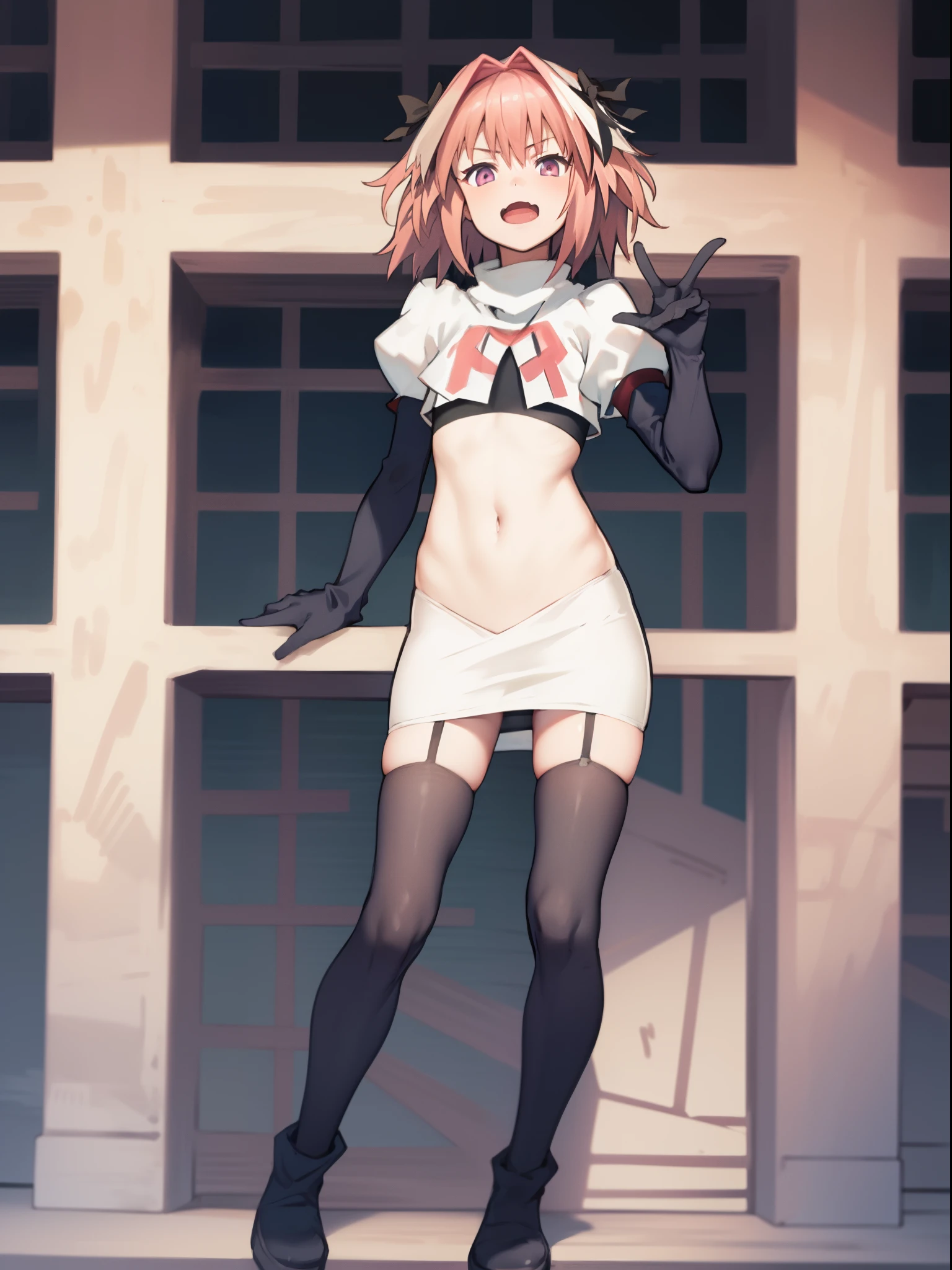 absurdres, masterpiece, best quality, (astolfo fate:1.2155), 1boy, male focus, trap, pink multicolored hair, pink hair, white hair, hair intakes, long hair, pink detailed eyes, crossdressing,1boy, team rocket,team rocket uniform, red letter R, white skirt,white crop top,black thigh-highs,black elbow gloves