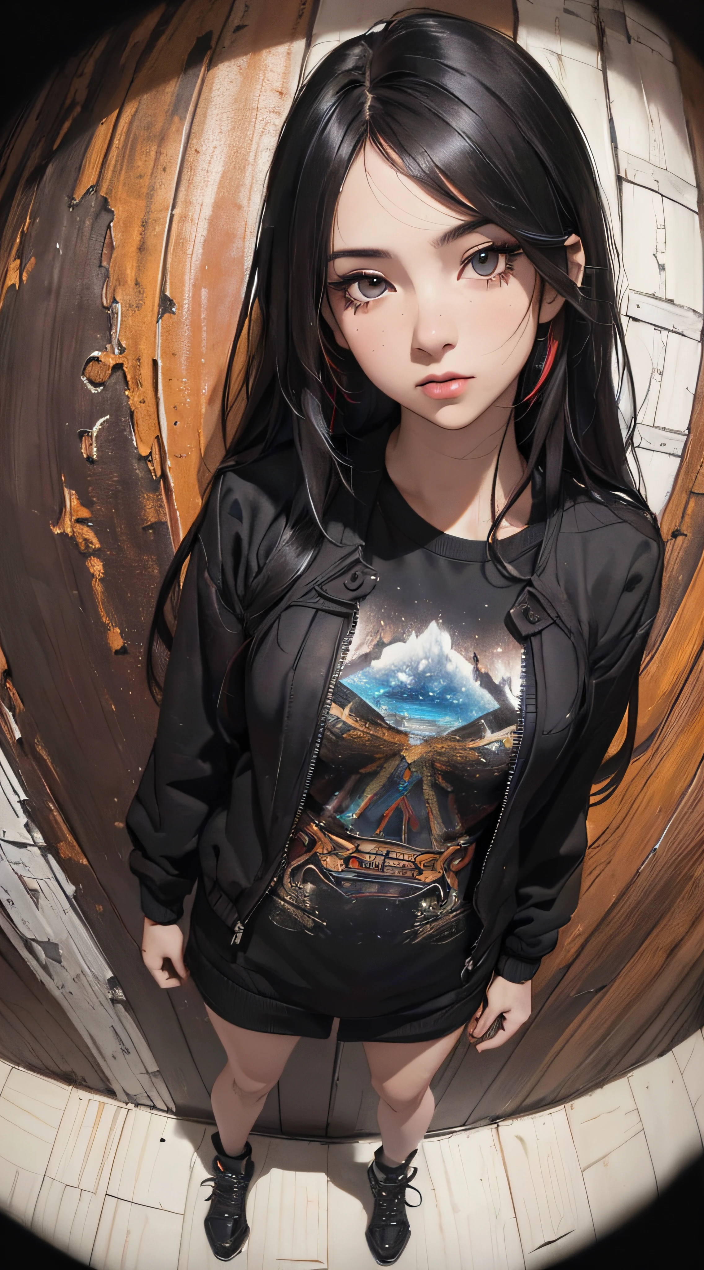 (((8k wallpaper of extremely detailed CG unit:1.2, masterpiece, hight resolution:1.2, top-quality:1.2, masutepiece))), ((a very beautiful woman, Hands in pockets:1.8, Grunge Fashion:1.2, wear a blouson:1.2, Wearing shoes)), ((extra detailed face, Highly detailed black eyes, extra detailed body, Top quality real texture skins)), (A dark-haired, length hair, de pele branca), ((Colorful wall)), (high-angle:1.2, a closeup, Fisheye:1.3), hyper realisitic, digitial painting,