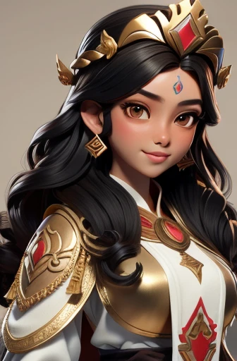 masterpiece, best quality, 1 girl, brown skin, black hair, wavy hair, long hair, Indonesian, white royal robes, Javanese crown, simple background, solo, upper body