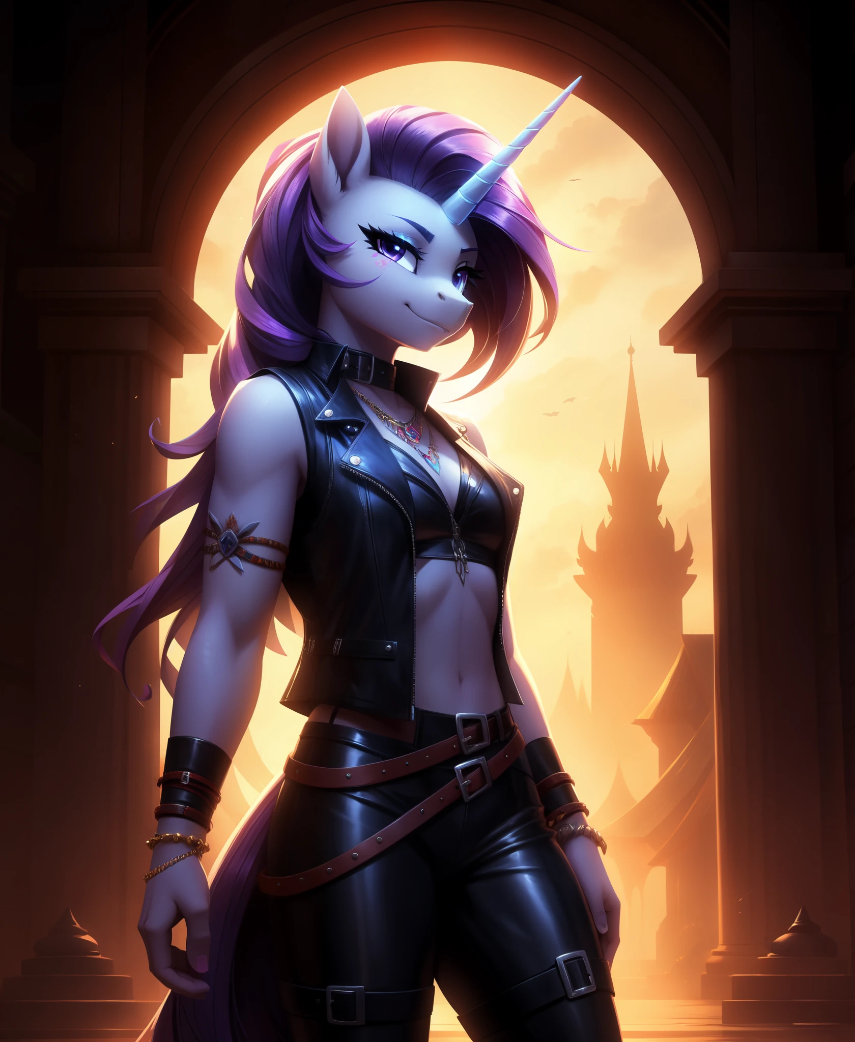 sambaneko
friendship_is_magic hasbro my_little_pony
raripunk rarity_(mlp)
equid equine mammal unicorn
16:9 4k absurd_res hi_res light_theme widescreen
alternate_hairstyle bracelet clothing female horn jewelry leather leather_clothing leather_topwear leather_vest silhouette solo topwear vest