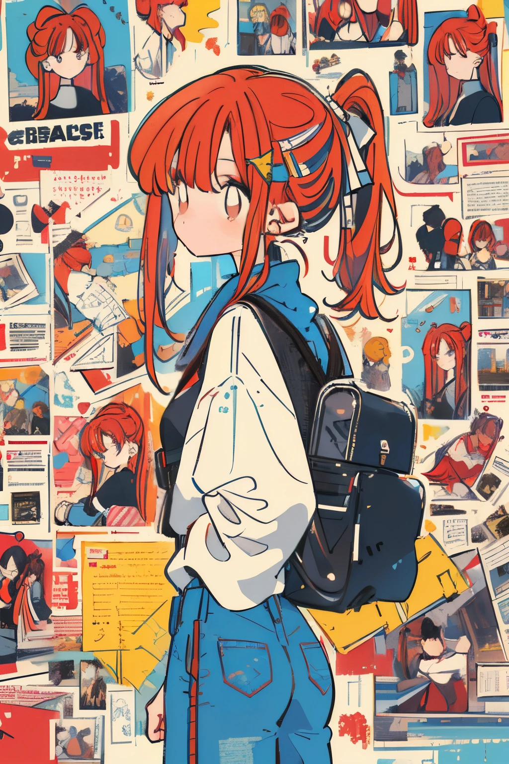 (draw) ((masterpiece, best quality)) (character design sheet, same character, front, side, back, with words written around it) a woman with long, red hair and a ponytail hairstyle, brown eyes, wearing a bulletproof vest, a long-sleeved T-shirt with the zipper closed, a white shirt and jeans, backpack, standing relaxing