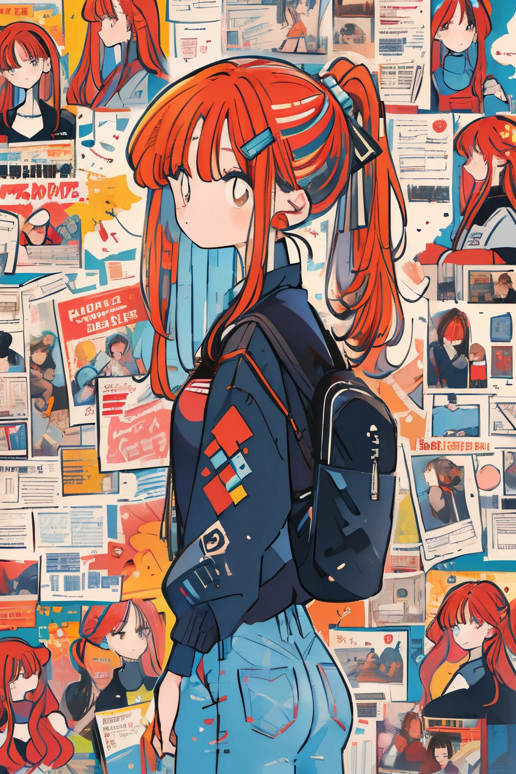 (draw) ((masterpiece, best quality)) (character design sheet, same character, front, side, back, with words written around it) a woman with long, red hair and a ponytail hairstyle, brown eyes, wearing a bulletproof vest, a long-sleeved T-shirt with the zipper closed, a white shirt and jeans, backpack, standing relaxing