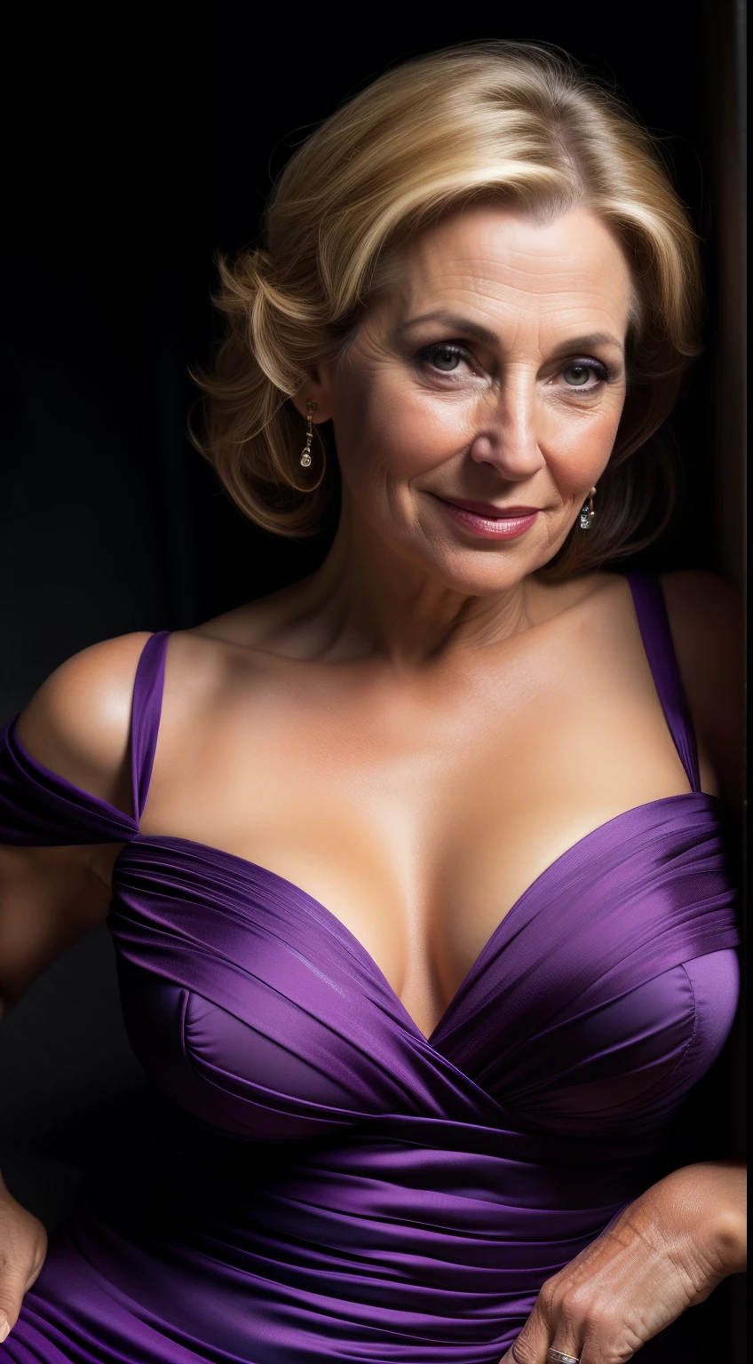 a portrait photograph of a beautiful ((mature)) woman, wearing dress, busty, smile, award winning photo, best quality, portrait by annie leibovitz, canon 5d mark ii, film, professional photograph, shoot from below, (rich colors:1.1), hyper realistic, lifelike texture, (natural lighting:1.1), (Canon EF 85mm f/1.4L IS USM)