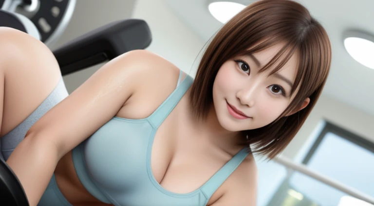 Best Quality ,masutepiece,超A high resolution, Very beautiful, kawaii, (photographrealistic:1.4), 1girl in, Japanese, Above the knee, Angle from below, Short hair, Brown hair, Looking at Viewer, cleavage, Wet, Smiling, wearing sports bra, At the gym, Cinematic, 35mm lens, F/ 1. 8, Accent Lighting, 8K,