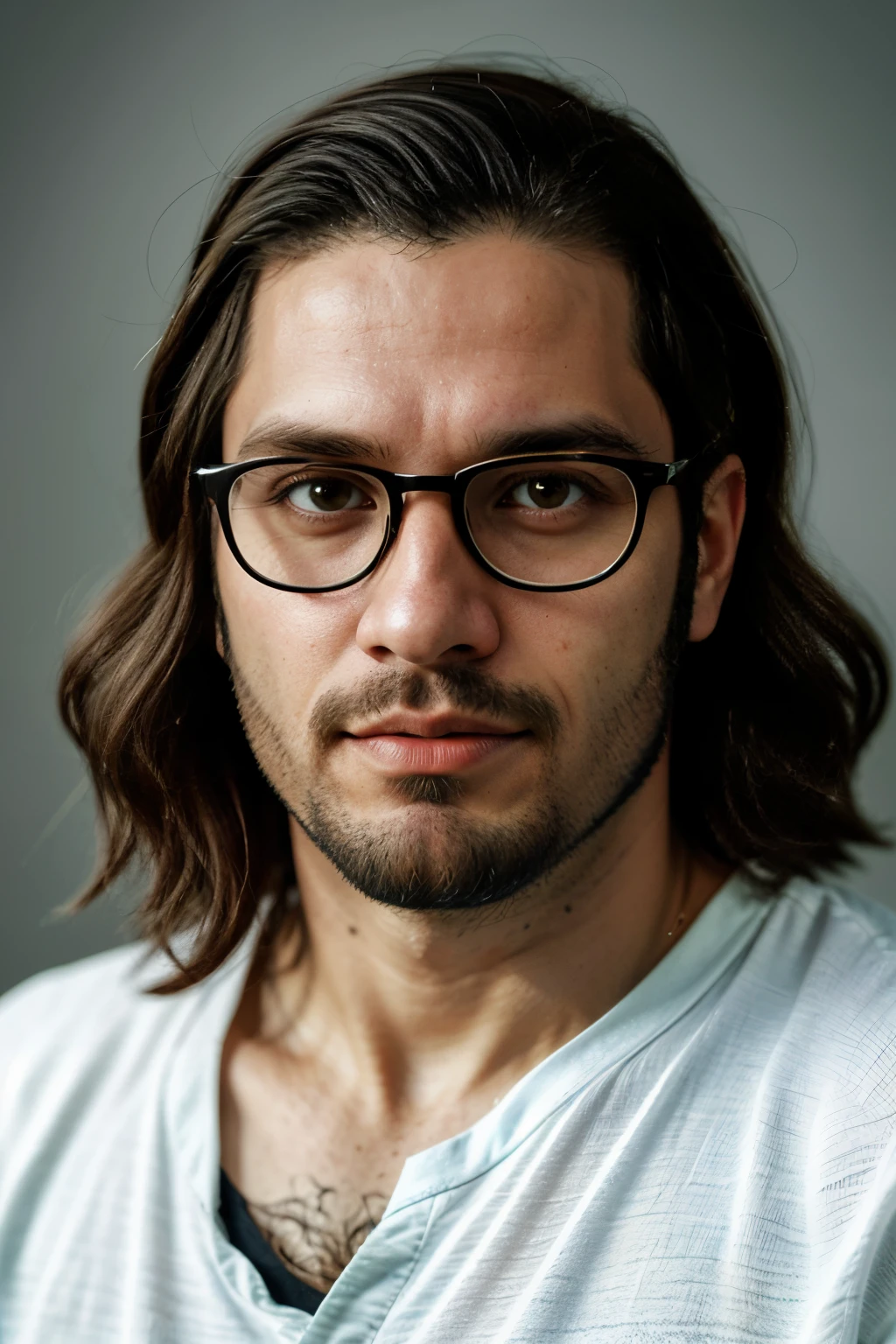 araffes of a man with glasses and a beard in a photo, cabelo loiro claro, barba escura, olhos azuis loiro, retrato de alta qualidade, digital illustration portrait, autorretrato realista, bonito impressionante realista, franja de cabelo hipster, cara loiro, avatar com um cabelo loiro, cavanhaque loiro pequeno, with glasses and goatee, com o rosto muito detalhado, rosto foto-realista, rosto detalhado realista, rosto realista altamente detalhado, retrato de ultra realista, sem camisa, da cintura pra cima