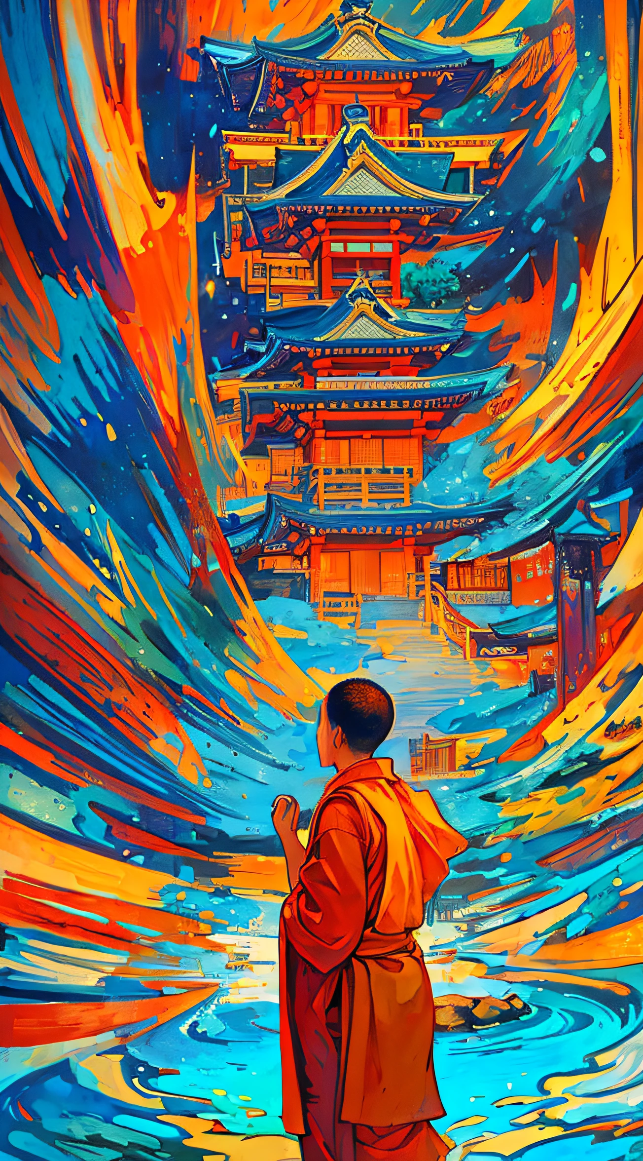 Illustration style picture，Monk standing in front of temple，There are elements of Tang culture，abstract japanese style