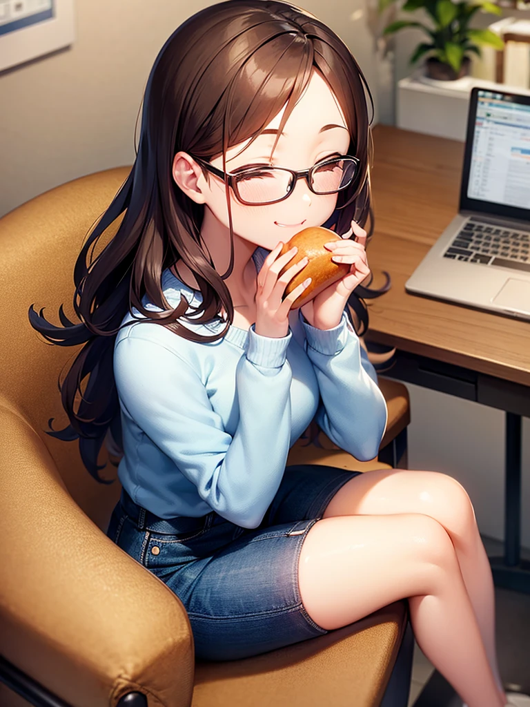 one hand on sweet potato in mouth, in the office, afternoon, one brown bob hair woman, glasses, , eating, (happy::1.3) smile, close eyes, sit down on office chair.