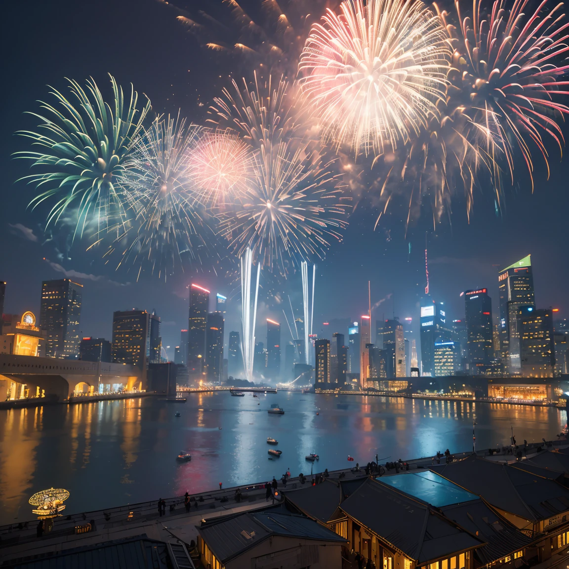 ((masterpiece)),((best quality)),((high detail)),((realistic,)) Futuristic era city, architectural streets, bazaars, cyberpunk, european architecture, night, neon, panoramic view, various buildings, new year, fireworks, panoramic, colorful fireworks, sky with fireworks, landscape, detailed face, detailed bright eye, highly detailed eye