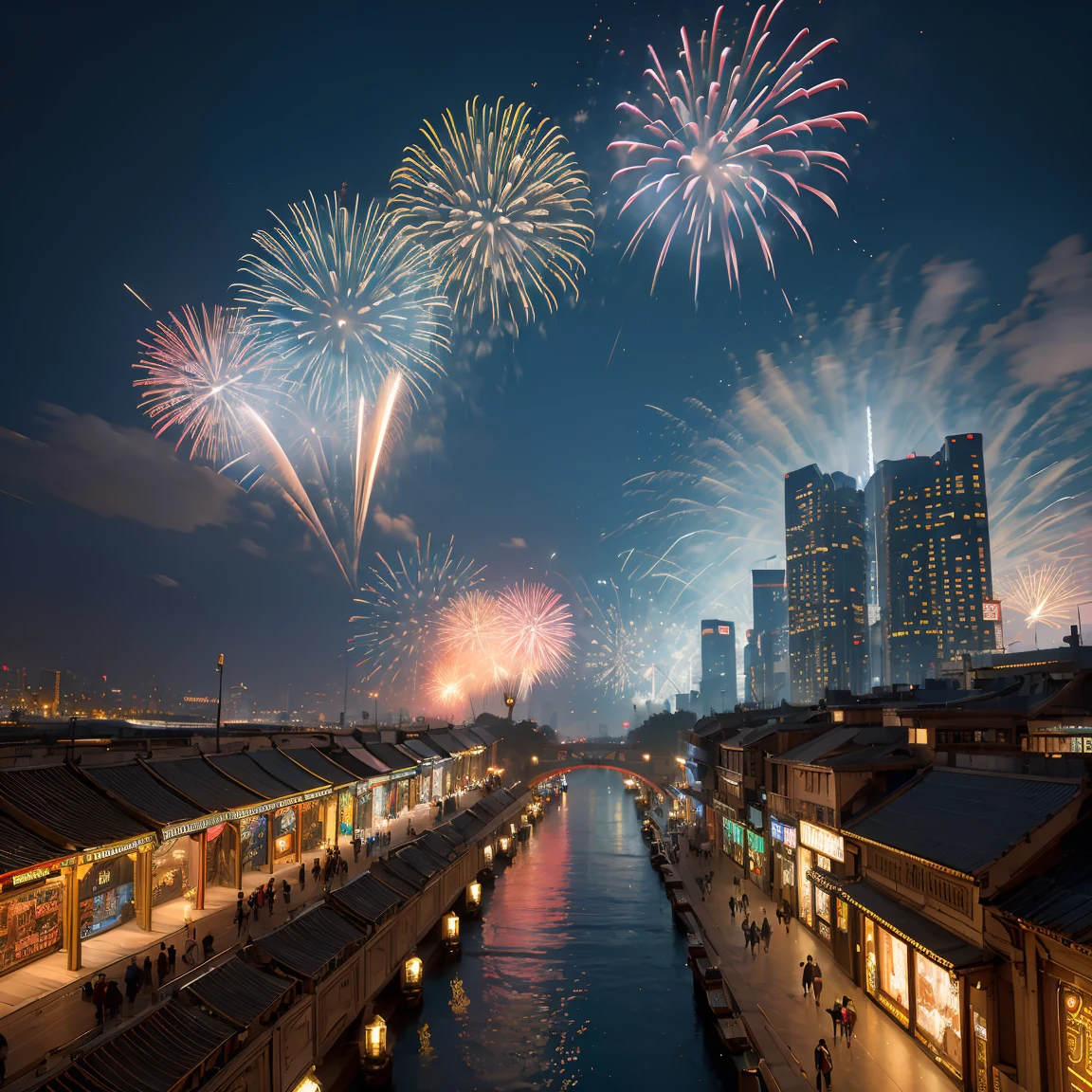 ((masterpiece)),((best quality)),((high detail)),((realistic,)) Futuristic era city, architectural streets, bazaars, cyberpunk, european architecture, night, neon, panoramic view, various buildings, new year, fireworks, panoramic, colorful fireworks, sky with fireworks, landscape, detailed face, detailed bright eye, highly detailed eye