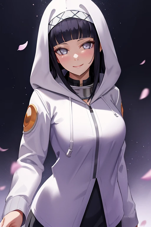 beautiful, masterpiece, best quality, extremely detailed face, perfect lighting, 1girl, hinata, hyuuga hinata, bangs, empty_eyes, black_hair, blunt_bangs, grey eyes, hijab,grey sleeves, headband_around_neck, highres, hime cut, hooded_cardigan, long sleeves, looking_at_viewer, petals, smile, solo, straight hair, upper body, hooded jacket, perfect body