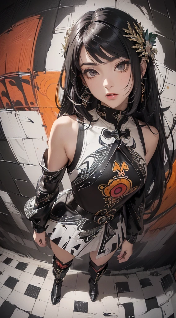 (((8k wallpaper of extremely detailed CG unit:1.2, masterpiece, hight resolution:1.2, top-quality:1.2, masutepiece))), ((a very beautiful woman, Hands in pockets:1.8, Grunge Fashion:1.2, wear a blouson:1.2, wearing boots)), ((extra detailed face, Highly detailed black eyes, extra detailed body, Top quality real texture skins)), (A dark-haired, length hair, de pele branca, Small:1.2, exposed shoulders), ((Colorful geometric patterns are painted all over the wall., Colorful wall)), (high-angle:1.2, a closeup, Fisheye:1.3), hyper realisitic, digitial painting,