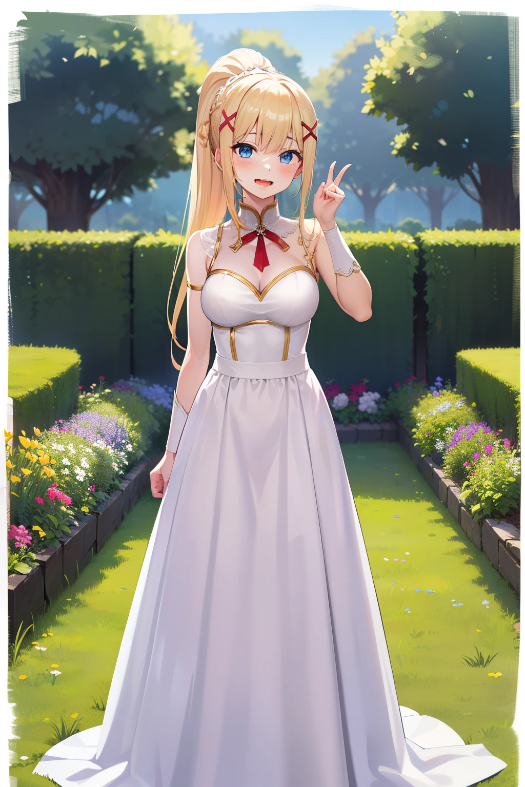 masterpiece, nsfw, erotic, 18+, best quality, highres, aarurutie,1girl, wedding dress, white dress, standing, garden, smile, open mouth, long hair, blonde hair, x hair ornament, blue eyes, ponytail, hair ornament,
