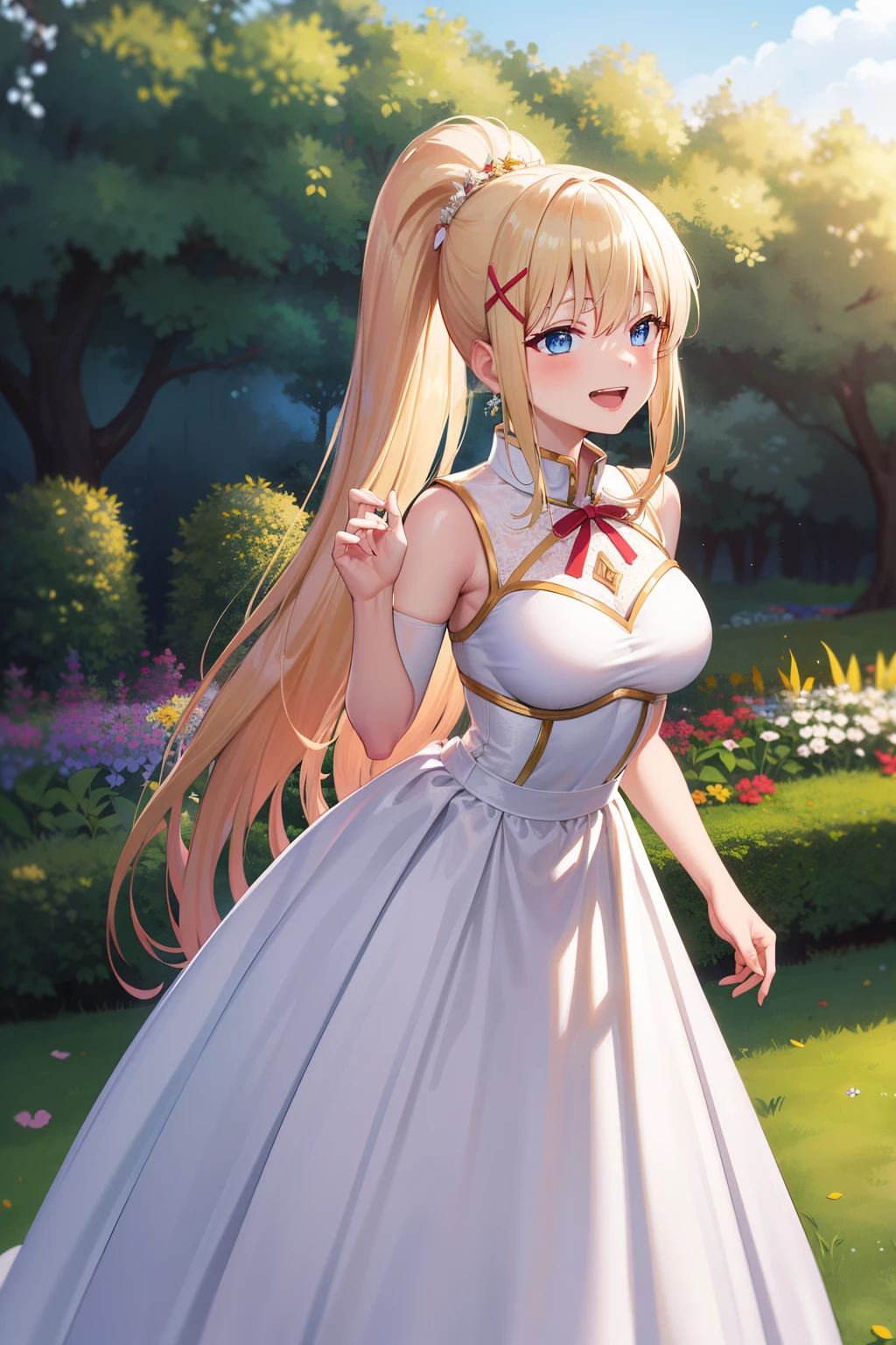 masterpiece, nsfw, erotic, 18+, best quality, highres, aarurutie,1girl, wedding dress, white dress, standing, garden, smile, open mouth, long hair, blonde hair, x hair ornament, blue eyes, ponytail, hair ornament,