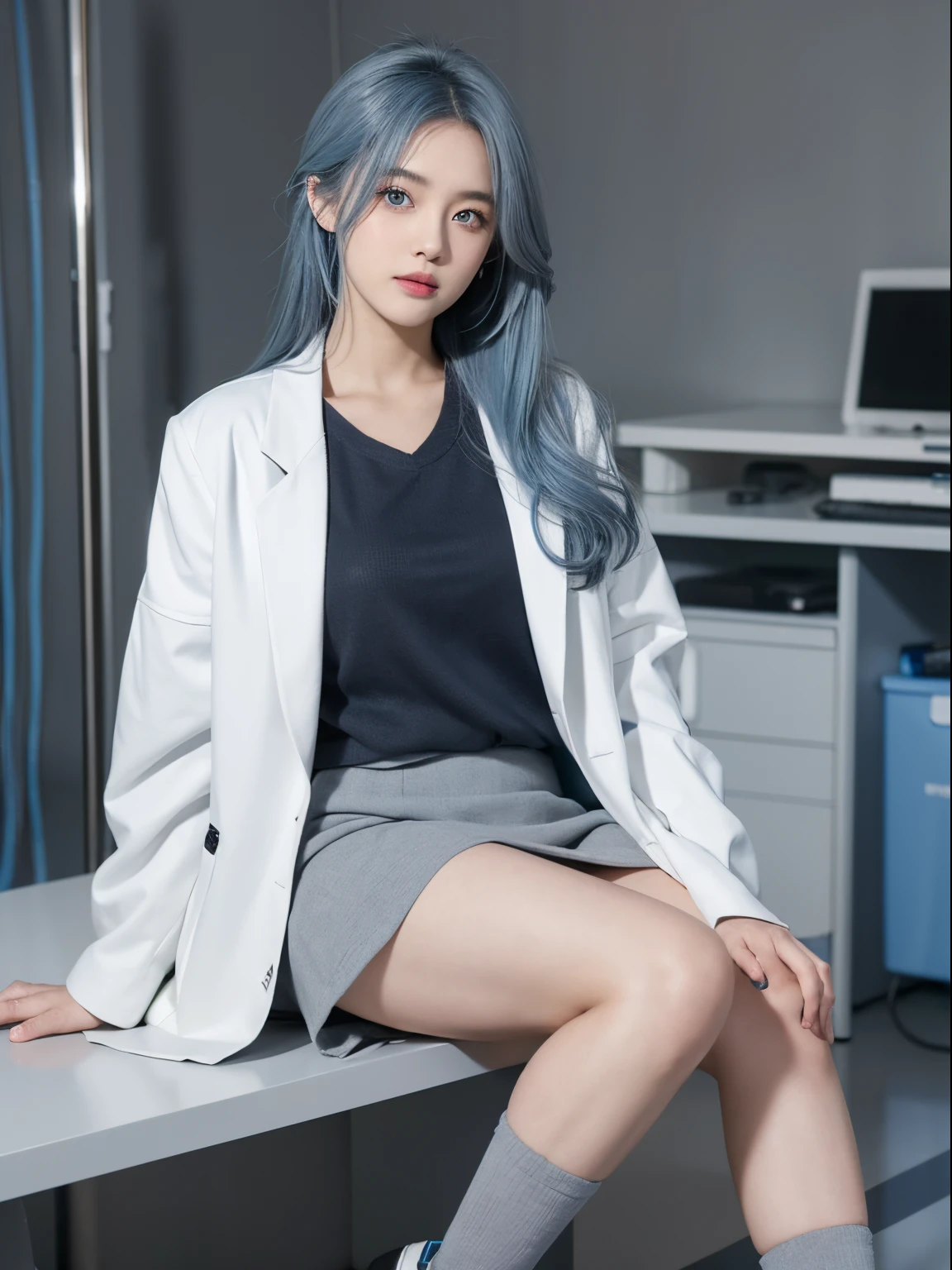 tmasterpiece, Best quality, high high quality, A high resolution, 1 busty girl, Alone, Akwa (konosuba), Blue hair, Long gray hair, eBlue eyes, white shirt ,white long coat, black office skirt, Raised your legs, Full body lesbian, Eternal, hands in a pocket, boring, depth of fields, laboratory room,