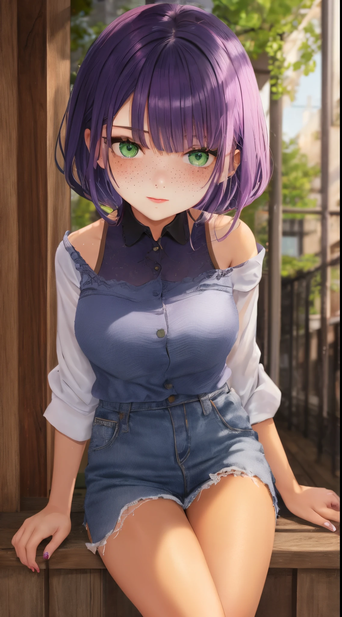 girl with short brown hair and purple highlights, green eyes and freckles. she is tan skinned