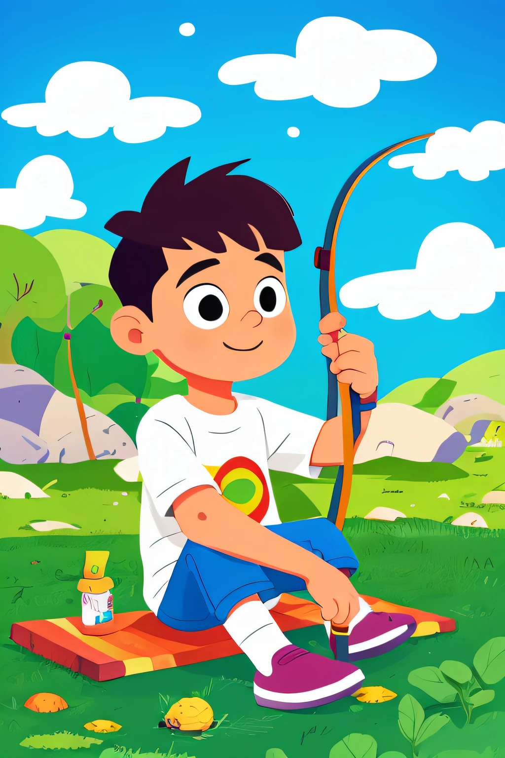 1 boy, solo, cartoon boy, full body, sitting on ground, going fishing, cartoon style, big head, colorful shirt, colorful, flat color, (white background), (simple background)