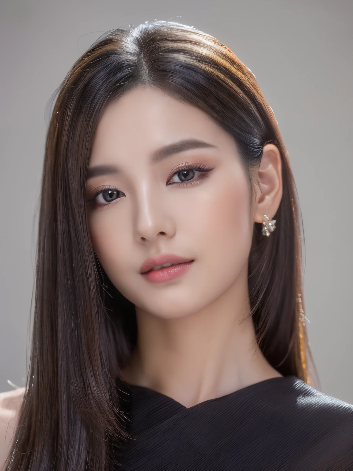 (64k uhd、nffsw、top-quality、masterpiece:1.2)、(realisitic、Photorealsitic:1.37)、elegant hairstyle portrait。her hair is long and smooth.、rich black color。makeup: lip and soft brown eyeshadow、Highlights an elegant and sophisticated impression。wearing a feminine dress。