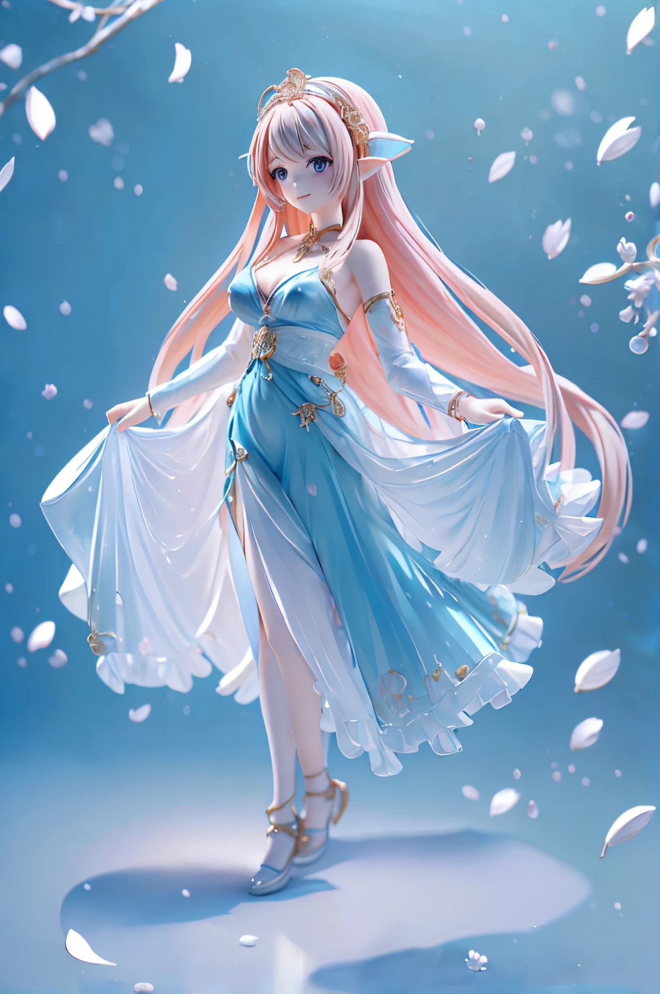Image of a woman with long red hair and a short blue dress, a smile、Futomo、bra very、8k high quality detailed art, beautiful and elegant elf,  extremely high detail, super detailed fantasy characters, very detailed character, ( highly detailed figure ), cgsociety masterpiece, gilded lotus princess, anime styled 3d, intricate ornate anime cgi style、falling petals on background、shimmer、