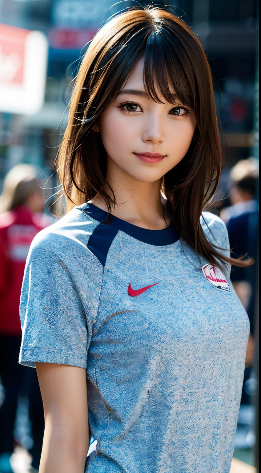 (8K、Raw photography、top-quality、masterpiece:1.2)、(realisitic、Photorealsitic:1.37)、ultra-detailliert、超A high resolution、1人、see the beholder、beautifull detailed face、A smile、Constriction、(Slim waist) :1.3)、Shirts、Beautiful detailed skin、Skin Texture、Floating hair、Professional Lighting、The upper part of the body、Whole human body、Longhaire、a blond、Women's Marathon Uniforms、athletic field