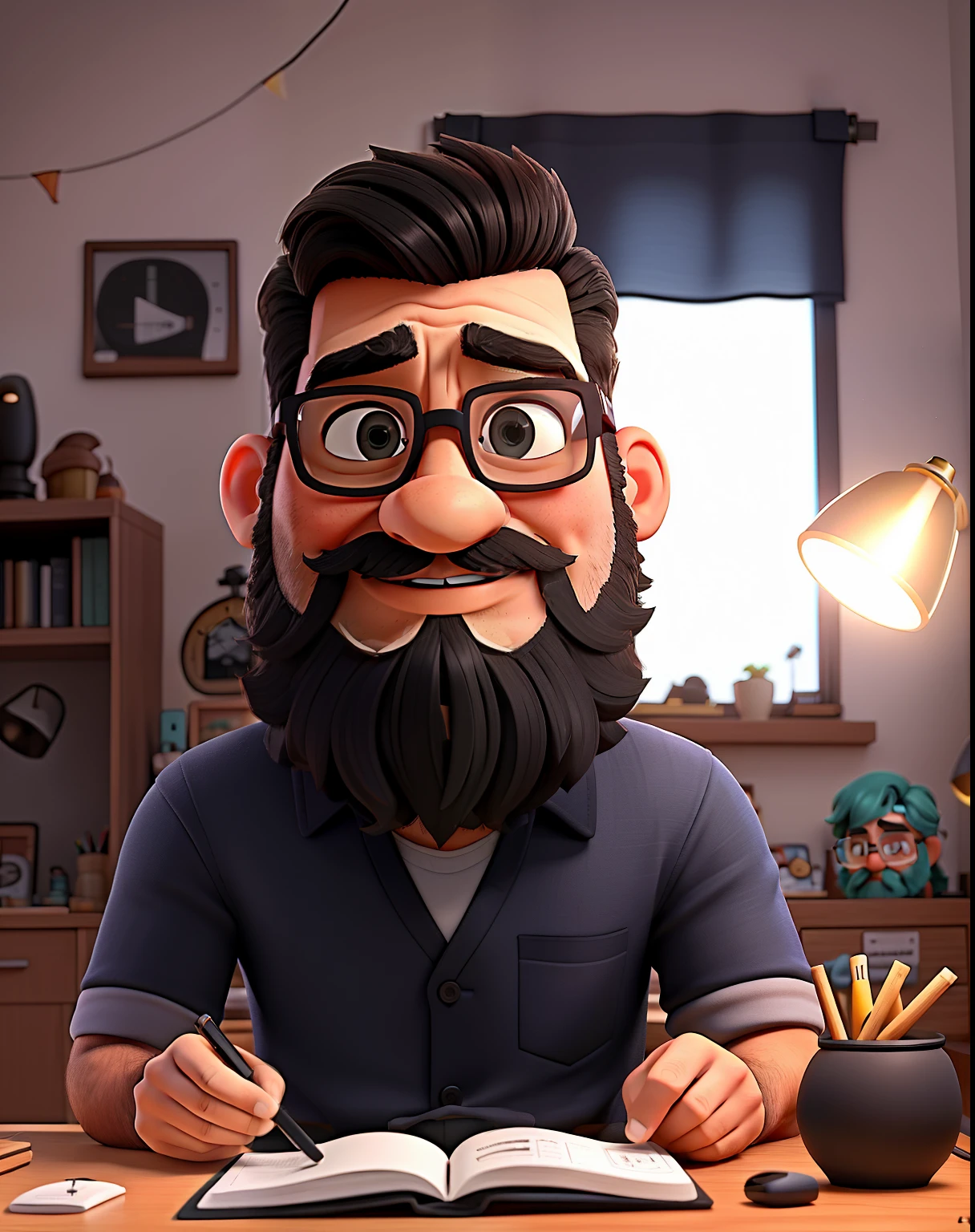 Um homem de 30 anos cabelo preto e liso curto, com uma barba curta com um piqueno bigode, wearing glasses scenery in his home in the room illuminated by the light of a lamp