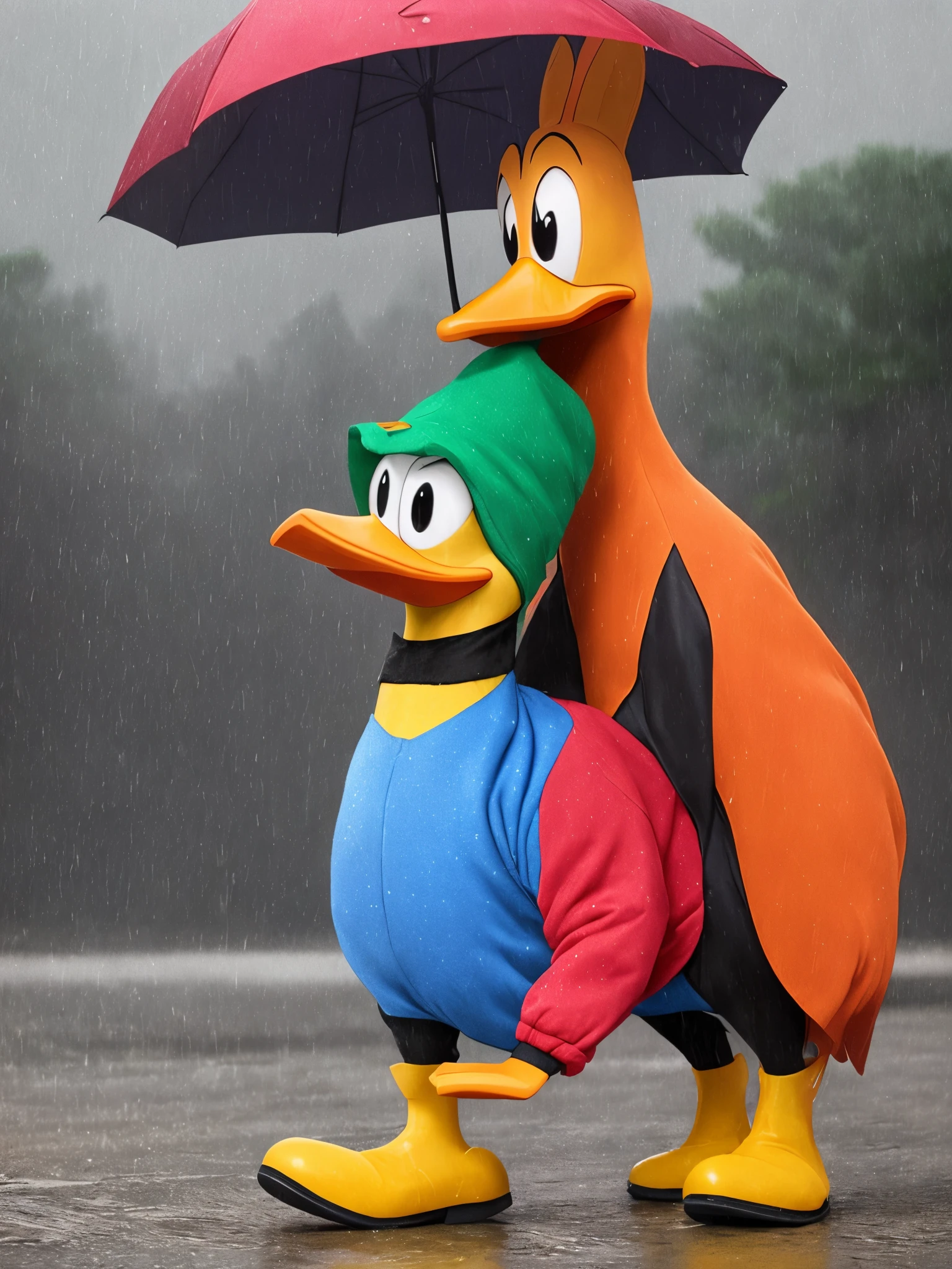Hyper realistic Daffy Duck in the rain wearing designer clothes with Jordan 4s