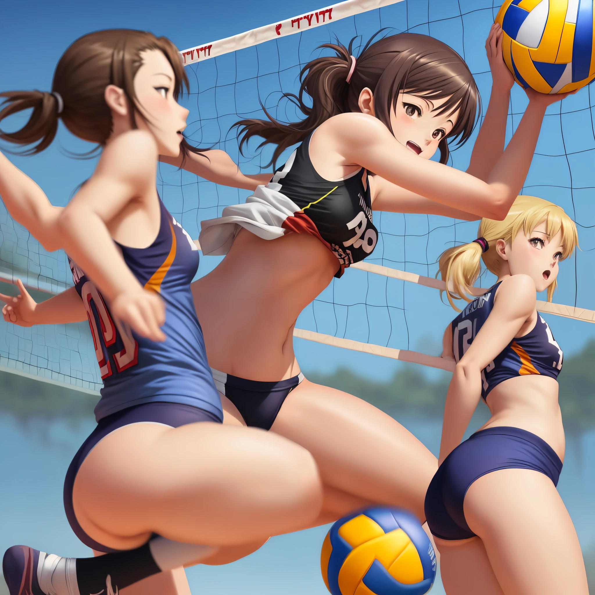 Draw a female anime athlete playing volleyball without clothes