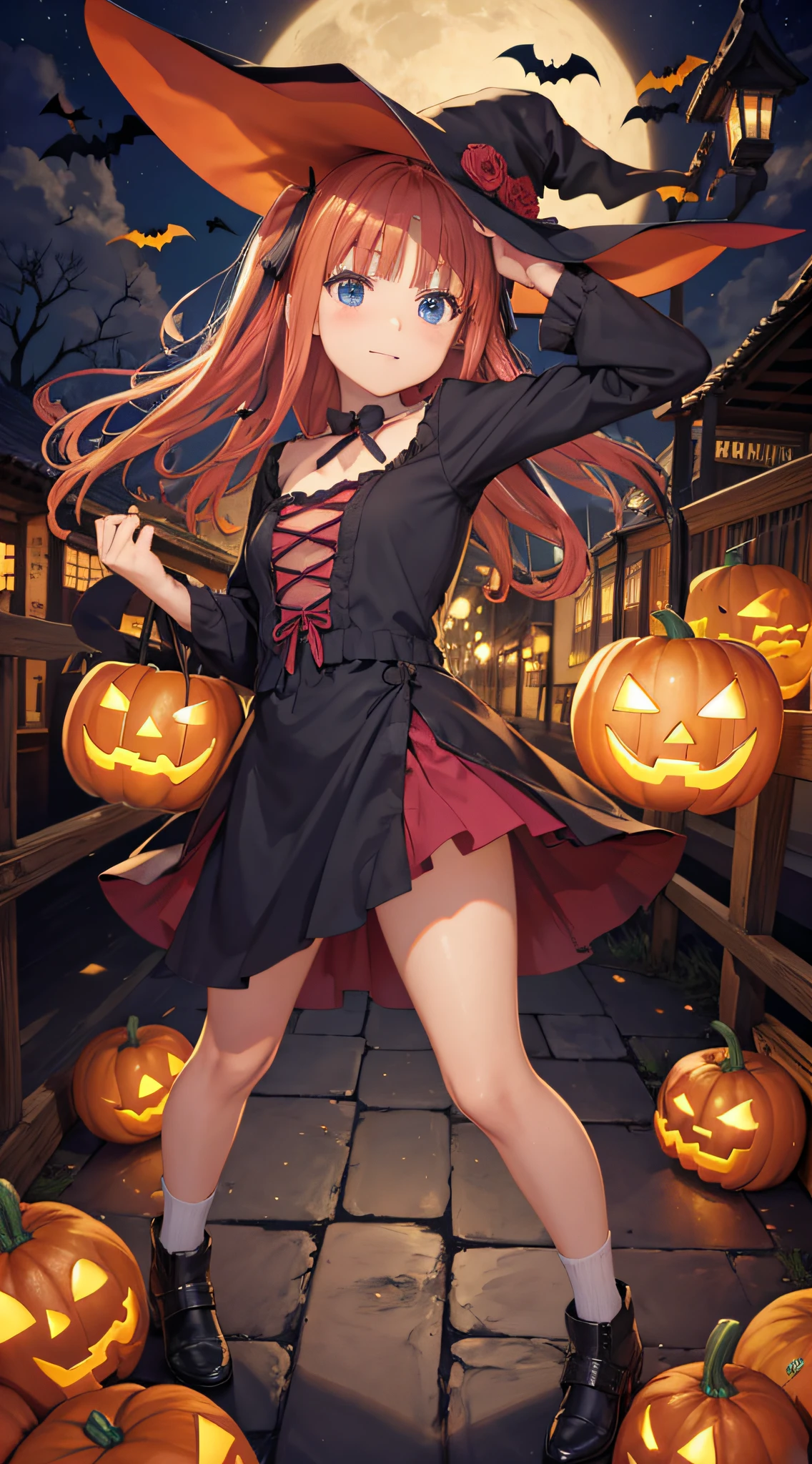 cropped shoulders,knee length socks,Halloween,Pumpkin dress-up,Stand up,With a hat on,standing straight,leather shoes