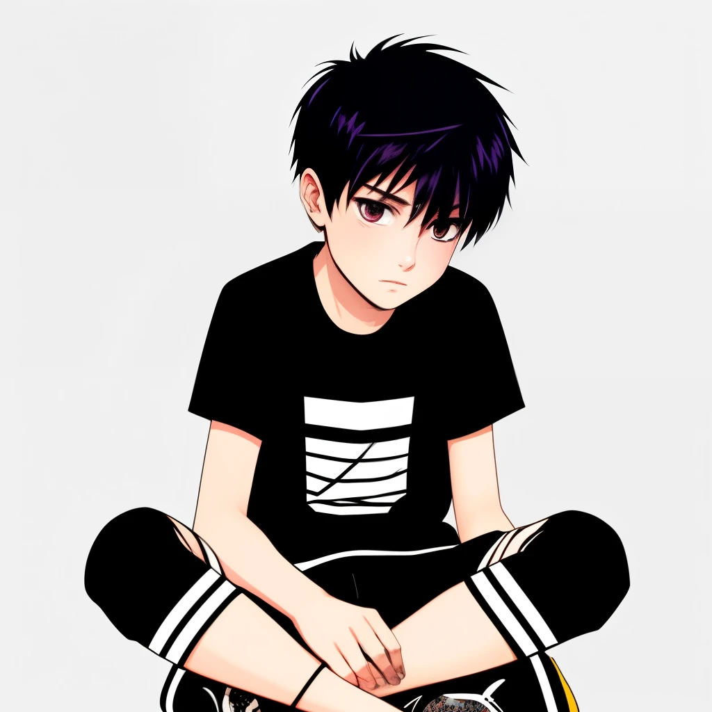 Draw a boy who is thin like a woman, has a male body, has a bandage wrapped around his left arm, has short hair, has dark circles under his eyes, has two bands on his face and bands all over his body, and is sitting wearing black shorts and white short sleeves.