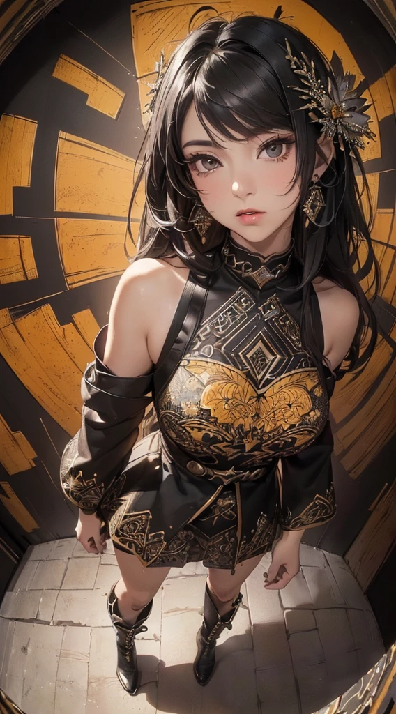 (((8k wallpaper of extremely detailed CG unit:1.2, masterpiece, hight resolution:1.2, top-quality:1.2, masutepiece))), ((a very beautiful woman, Hands in pockets:1.8, Grunge Fashion:1.2, wear a blouson:1.2, Wearing boots)), ((extra detailed face, Highly detailed black eyes, extra detailed body, Top quality real texture skins)), (A dark-haired, length hair, de pele branca, Small:1.2, Exposed shoulders), ((A wall with colorful geometric patterns, Colorful wall)), (high-angle:1.2, a closeup, Fisheye:1.3), hyper realisitic, digitial painting,