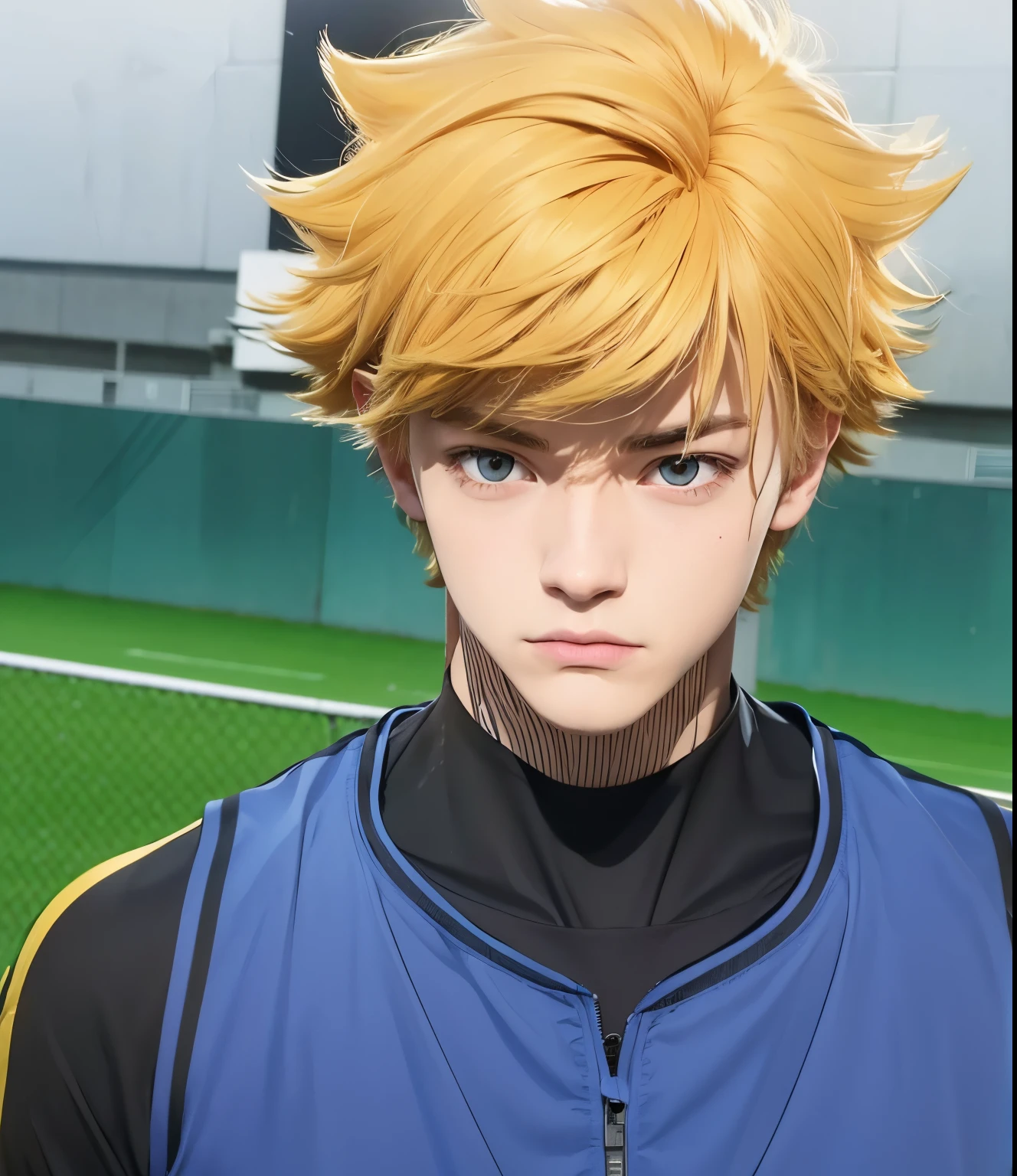 A teenage boy with realistic mustard yellow hair, the same realistic hairstyle, realistic handsome face, realistic cool expression, adapt the same realistic sportswear,realistic light, realistic shadows, realistic background, good image quality, very good image results, 4k, ultra detail, realistic