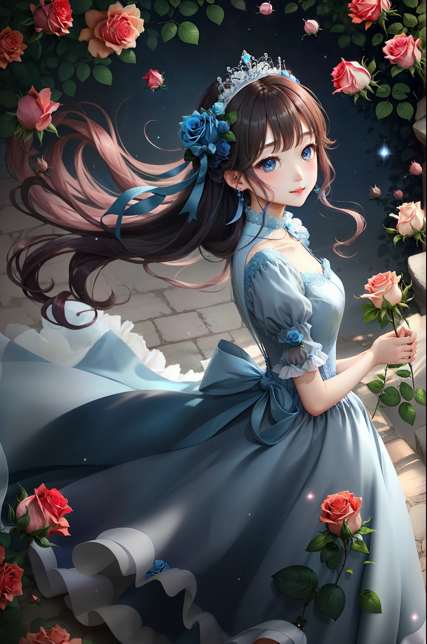 background roses、long air、Peachy Hair、Blue eyes、Noble、Princess、Rose Dress、Light blue dress
