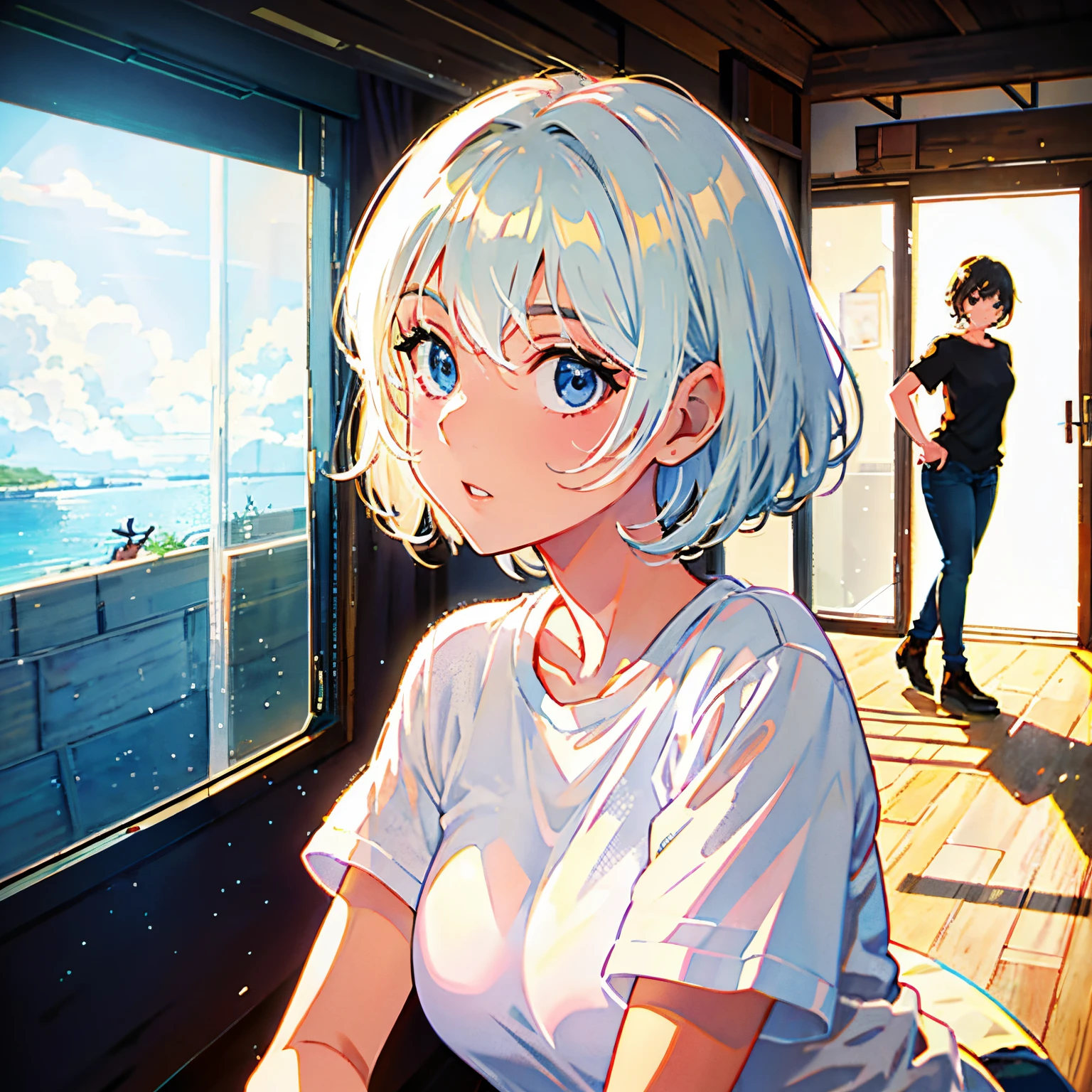 solo, White T-shirt , cute face, short hair, best detail