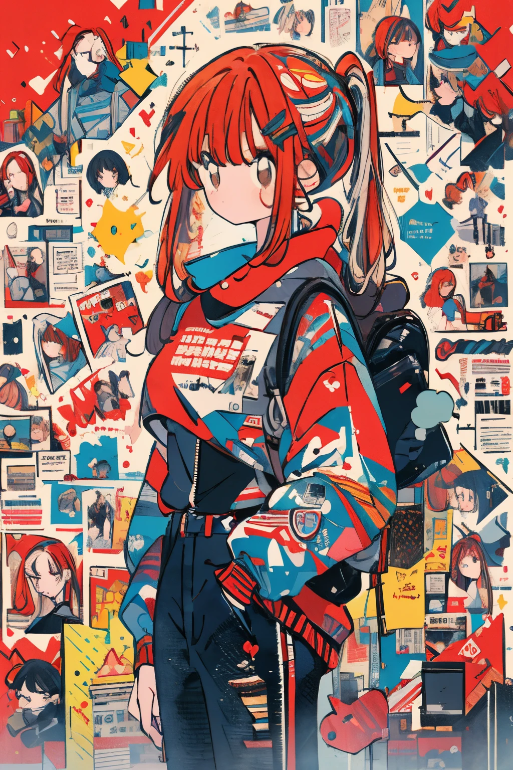 (draw) ((masterpiece, best quality)) (character design sheet, same character, front, side, back, with words written around it) a woman with long, red hair and a ponytail hairstyle, brown eyes, wearing a bulletproof vest, a long-sleeved T-shirt with the zipper closed, a white shirt and jeans, backpack, standing relaxing