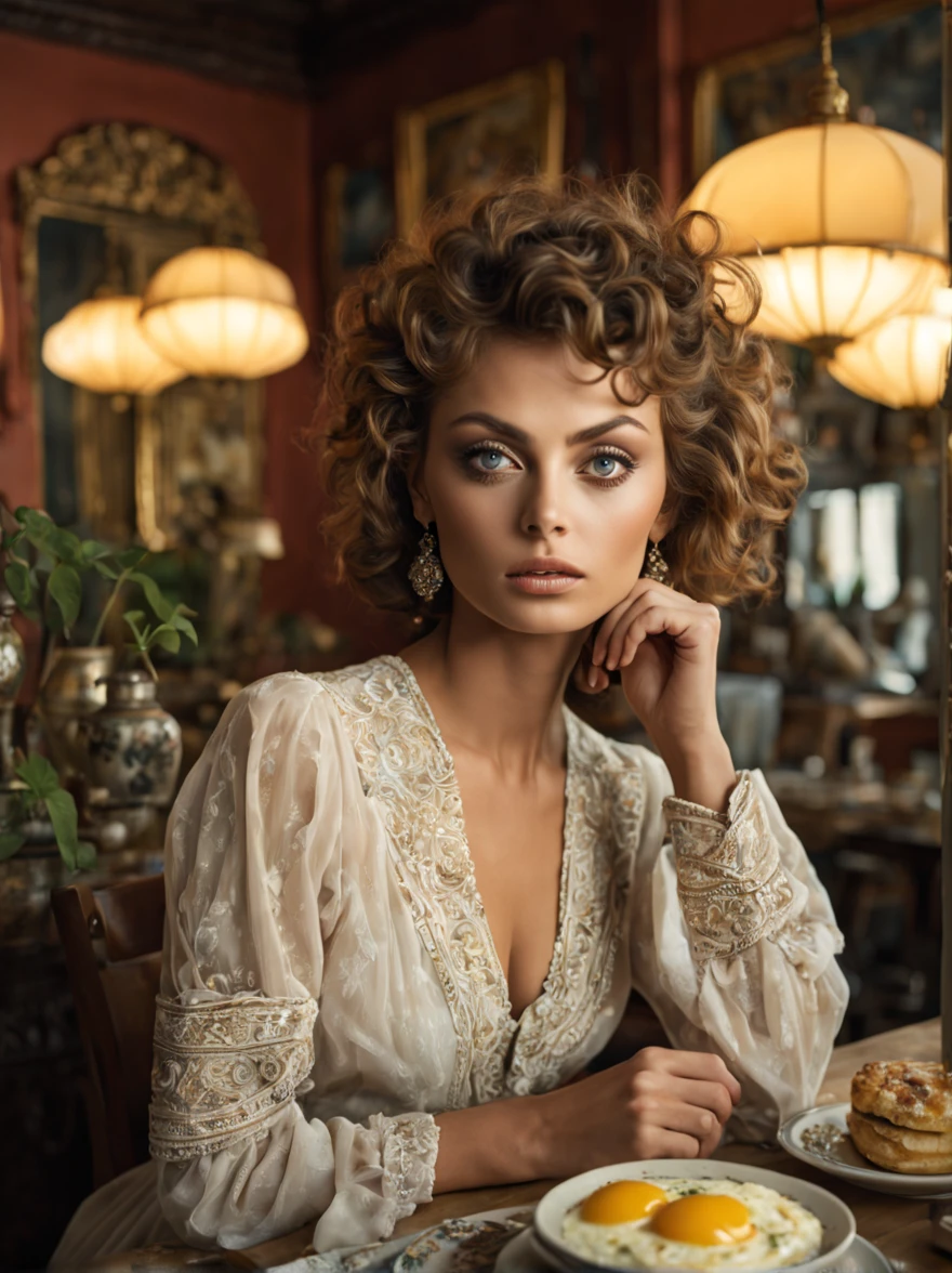 Gorgeous 19 yo short curly hair style [Sophia Loren:Maude Adams:0.5] woman, wears modest long sleeve Boho gown, detailed face, perfect face,  in a cinematic portrait pose, looking at the viewer, sits in a cafe having breakfast meals, insanely detailed and intricate bohemian resto interior decor and objects, a masterpiece cinematic portrait photography of Annie Leibovitz, professional Lighrtoom Color Grading by Kenneth Hines Jr, Ambient Lighting, in Midjourney 6 Style