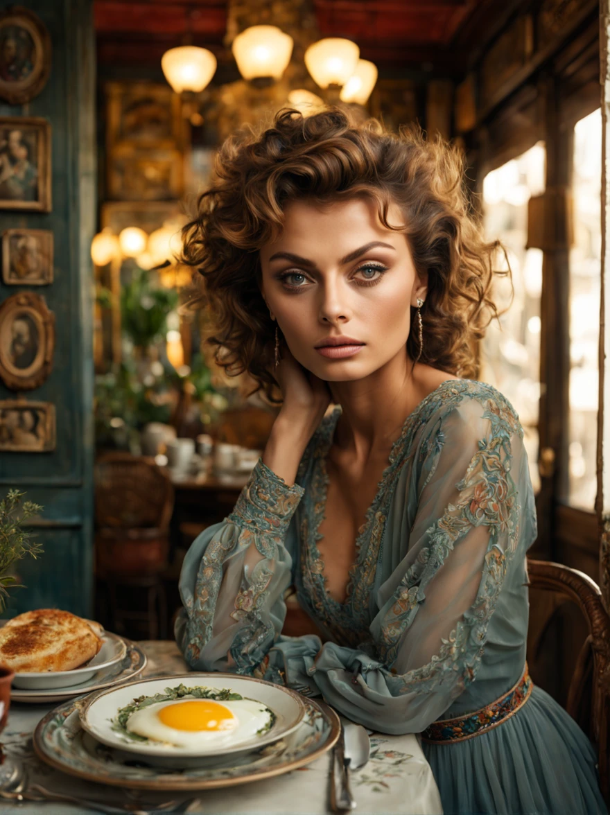 Gorgeous 19 yo short curly hair style [Sophia Loren:Maude Adams:0.5] woman, wears modest long sleeve Boho gown, detailed face, perfect face,  in a cinematic portrait pose, looking at the viewer, sits in a cafe having breakfast meals, insanely detailed and intricate bohemian resto interior decor and objects, a masterpiece cinematic portrait photography of Annie Leibovitz, professional Lighrtoom Color Grading by Kenneth Hines Jr, Ambient Lighting, in Midjourney 6 Style