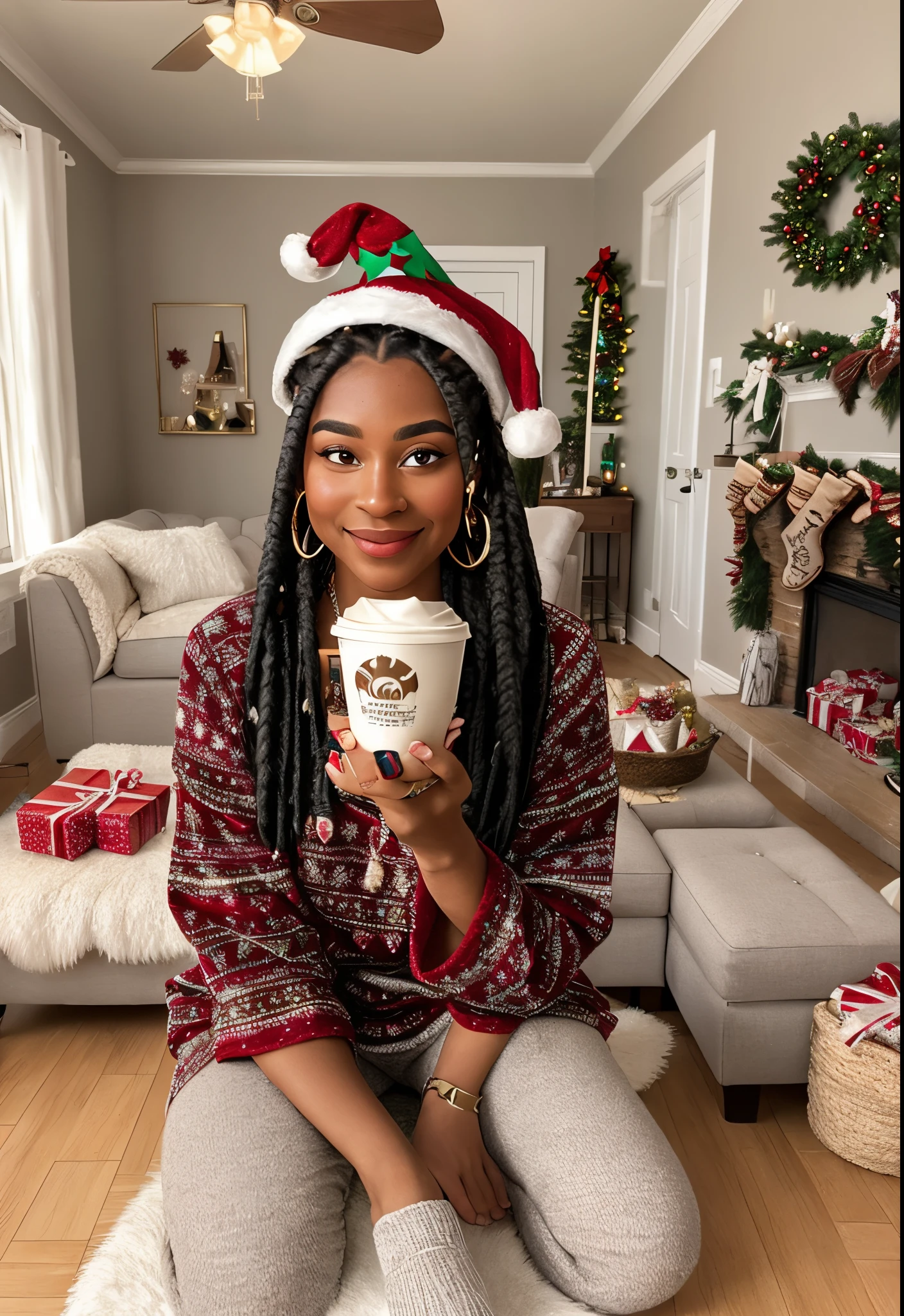 create an 8k hyper realistic image that show cases a festive setting the character has brown skin and is curvy she is wearing her Christmas pajamas her in box braids wrapped into bun studded earrings nose ring fuzzy socks to keep her feet warm in her living room sitting on her floor wrapping gifts she has a mocha frappe near her it is early morning the sun is shining through her curtains