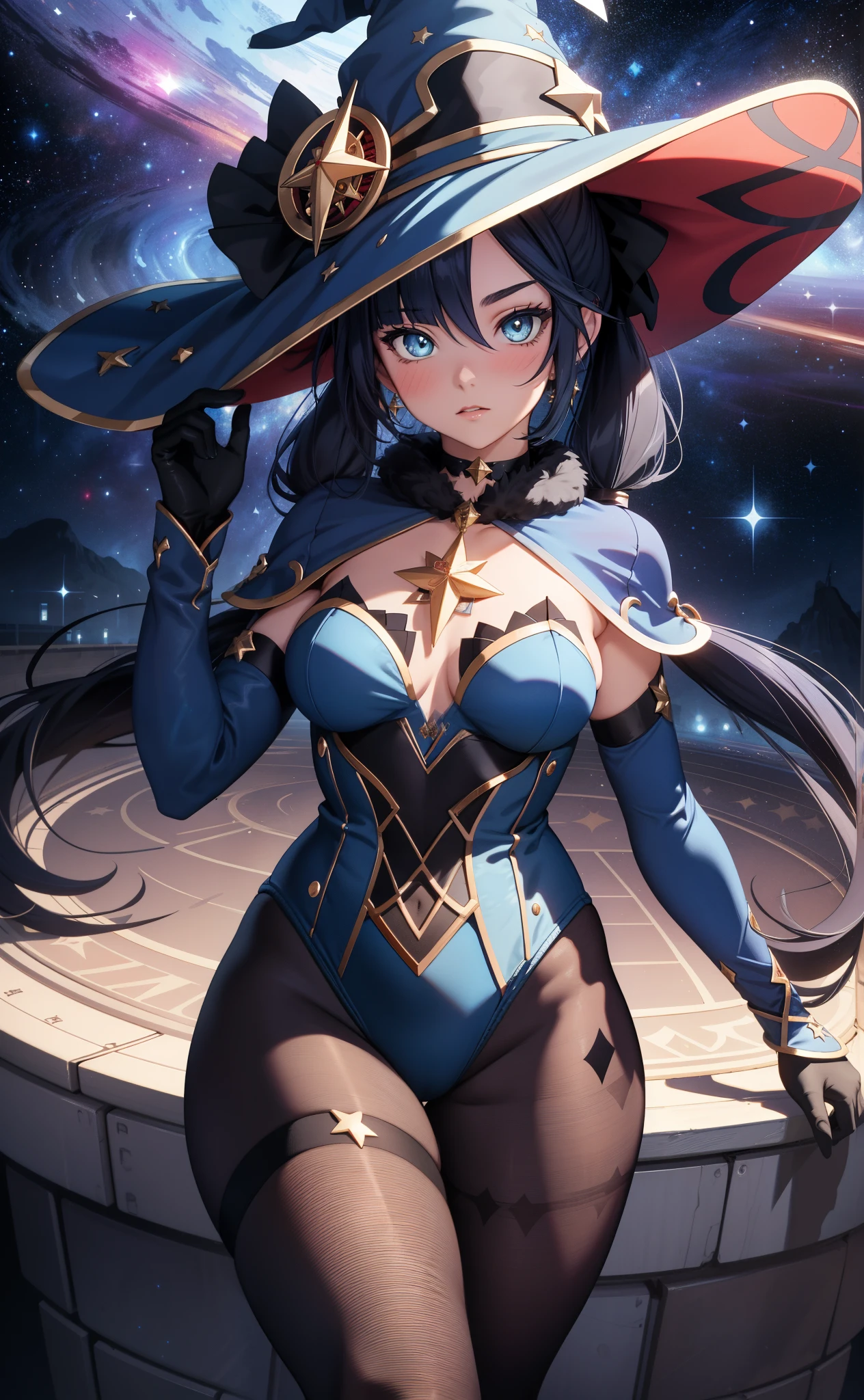 [mona_genshin], ((masterpiece)), ((HD)), ((beautiful render art)), ((solo portrait)), ((full body)), ((front view)), ((cinematic lighting)), ((anime)), ((detailed shading)), ((intricate details)), {(slim figure), (cute blue eyes), short eyelashes, long indigo hair, (twintails), (small boobs), (gorgeous wide hips), (thick thighs), (beautiful legs), (blushing), (expressionless)}, {(blue leotard), (witch hat), (opaque pantyhose), (black gloves)}, {(standing), (looking at viewer)}, [Background; (cosmic), (starry sky), (galaxy)]