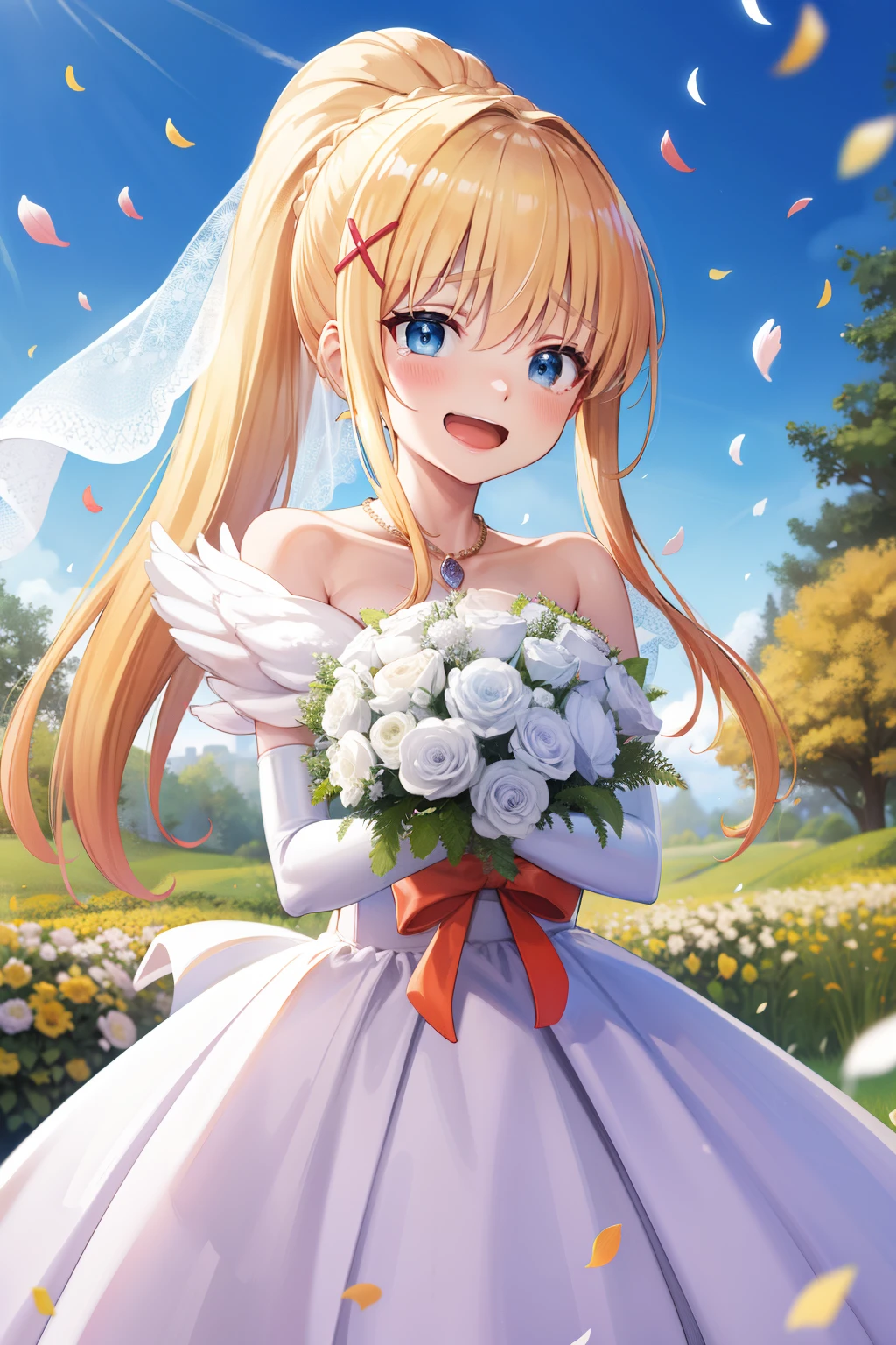 masterpiece, best quality, highres, aaichika,  tiara, bridal veil, necklace, cleavage, wedding dress, strapless dress, white dress, white gloves, elbow gloves, garden on background, smile, open mouth, tears, upper body, confetti, holding bouquet, bouquet, long hair, blonde hair, x hair ornament, blue eyes, ponytail, hair ornament,