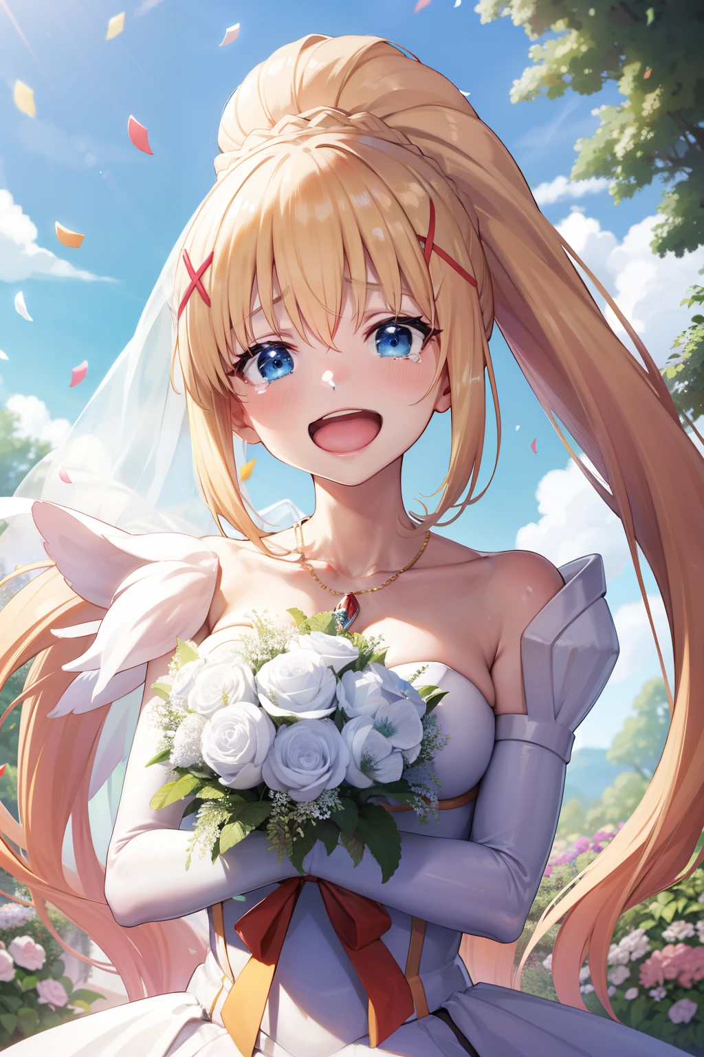 masterpiece, best quality, highres, aaichika,  tiara, bridal veil, necklace, cleavage, wedding dress, strapless dress, white dress, white gloves, elbow gloves, garden on background, smile, open mouth, tears, upper body, confetti, holding bouquet, bouquet, long hair, blonde hair, x hair ornament, blue eyes, ponytail, hair ornament,