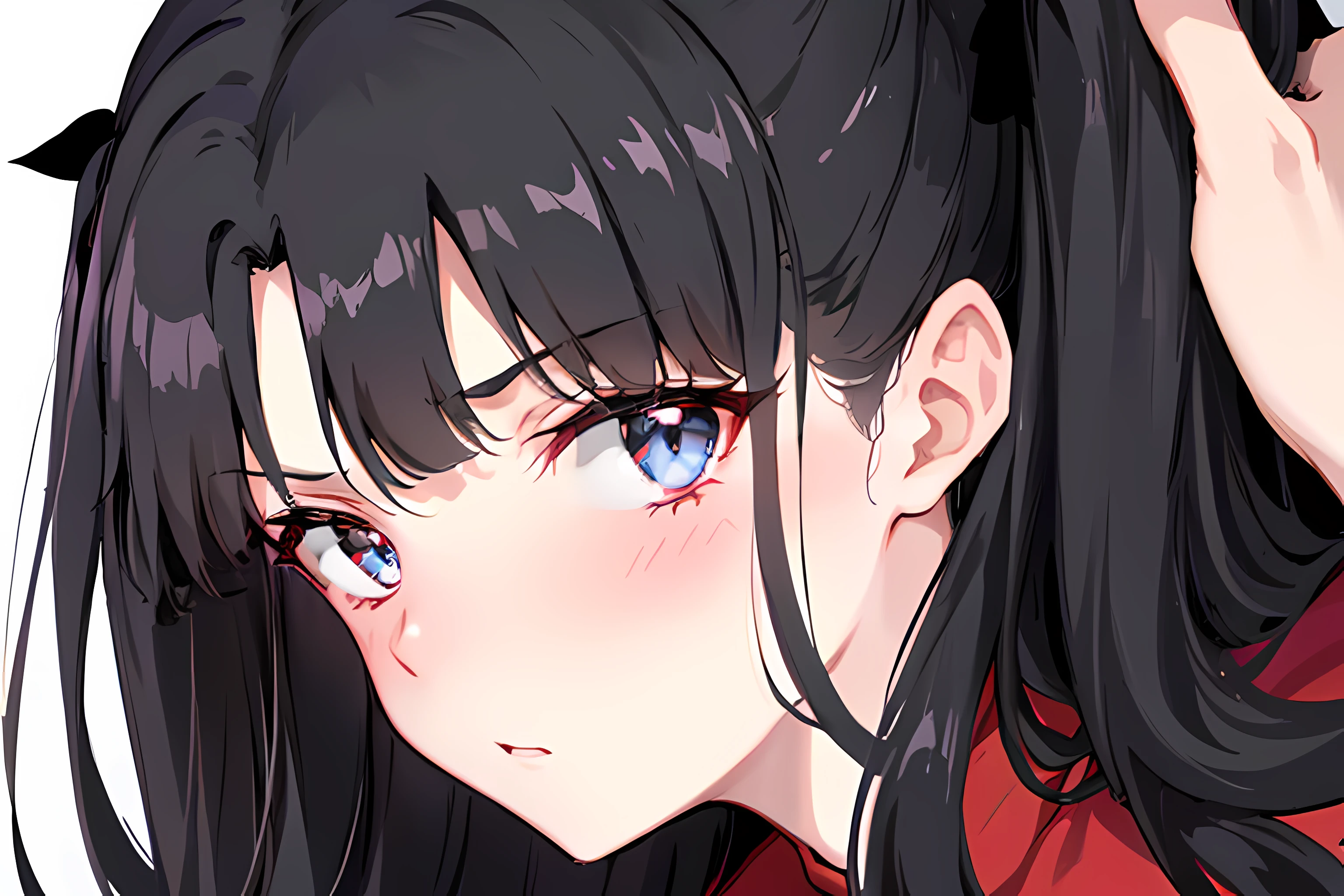 rin tohsaka, arin tohsaka, aqua eyes, (black hair:1.5), hair ribbon, long hair, ribbon, sidelocks, two side up, (parted bangs:1.5),qua eyes, (black hair:1.5), hair ribbon, long hair, ribbon, sidelocks, two side up, (parted bangs:1.5), looking at camera, laying on bed, head facing camera, face to face, 1girl