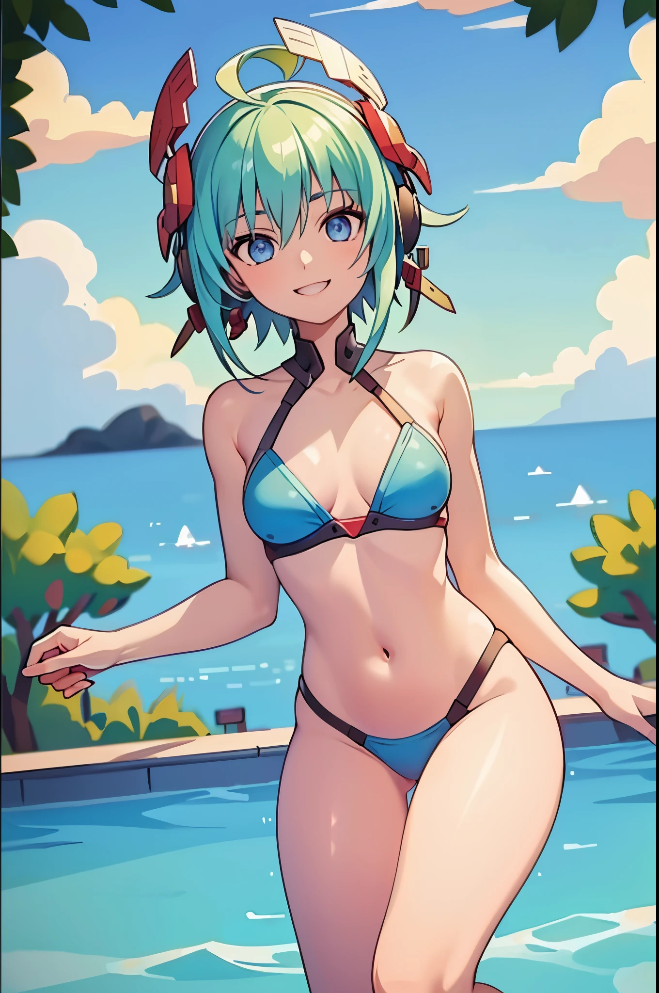 , (best quality,4k,8k,highres,masterpiece:1.2),ultra-detailed,realistic,beautiful detailed eyes,beautiful detailed lips,extremely detailed eyes and face,longeyelashes,portraits,red bikini, blue demin short,green hair, short hair,blue eyes,red mecha headgear,small breasts,smiling,piscina,sharp focus,vivid colors, full body in frame, sun light in front, less shadow