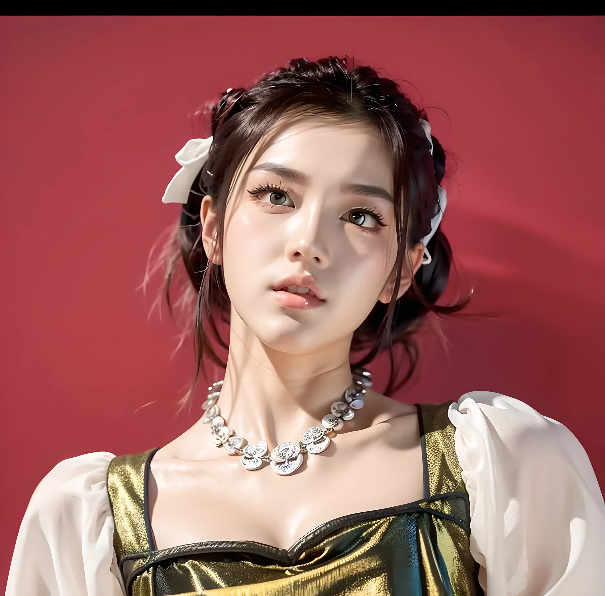(8k, RAW photo, best quality, masterpiece:1.2), (realistic, photo-realistic:1.4), ultra-detailed, (Kpop idol),perfect detail , looking at viewer,make up, Jessica Marie Alba,
huge breast,
in a skirt、Araf woman with yellow ribbon around her neck, cai xukun, Inspired by Huang Ji, Belle Defin, Inspired by Zhang Yin, Inspired by Shen Si Zheng, yanjun chengt, Di Li Gerba, Inspired by Tang Yifen, Inspired by Tang Shanyun Sandara, gorgeous chinese models, beautiful Korean women