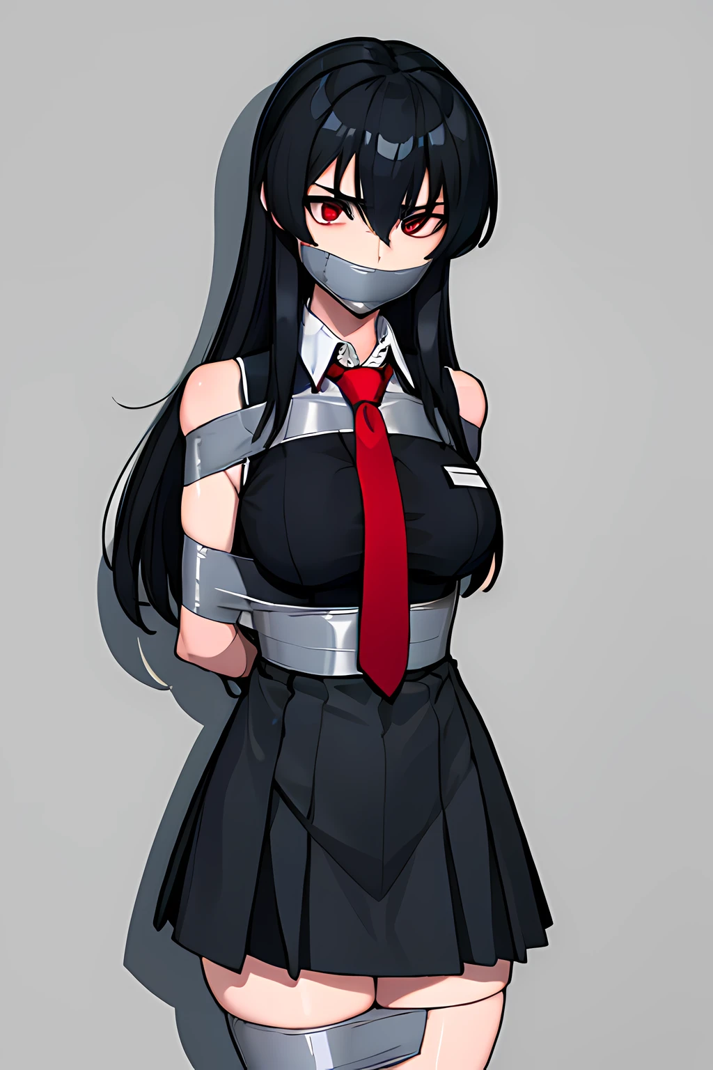 (absurdres, 8k, 4k, masterpiece, hyper extreme detailed:1.2), solo, front view portrait, best quality, portrait, solo, adult, cowboyshot, perfect anatomy, 1girl, perfect face, expressive eyes, perfect eyes, (masterpiece, best quality:1.2), cowboy shot, solo, 1girl, akame \(akame ga kill!\), expressionless, closed mouth, looking at viewer, black collared shirt, red necktie, sleeveless, skirt, red eyes, stoic, quiet, gloves, dynamic pose, half body, bound, bondage, (arms behind back:1.4), bdsm, tape gag, tape, tape bondage, restrained, best anatomy, half body, tape wrapped, wrap gag, tightly bound, tape wrapped around face, black hair, black collared shirt, red necktie, sleeveless, black skirt,