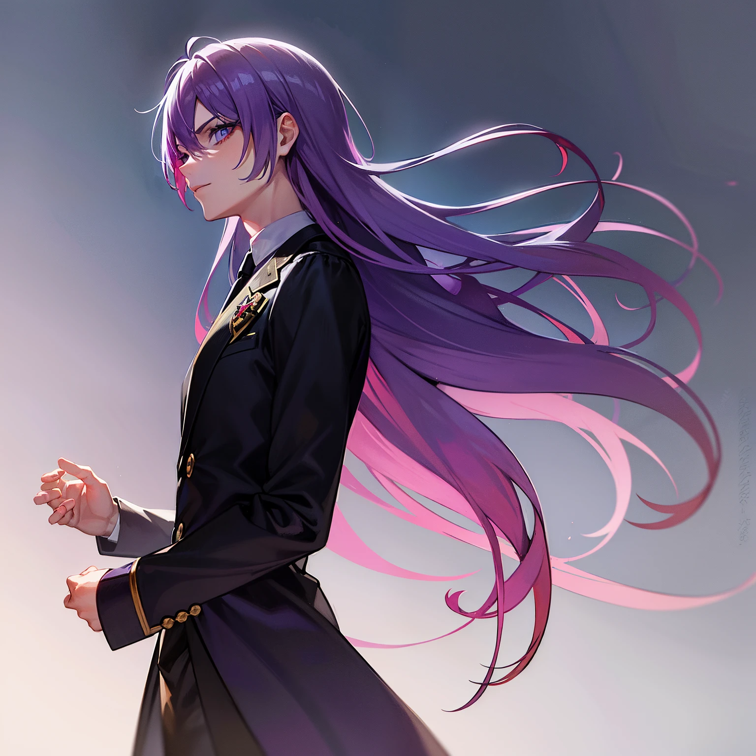 Anime character with purple hair and blue eyes, kaneki ken, kaworu nagisa, portrait gapmoe yandere grimdark, High quality anime art style, Gapmoe/hairstyle center part/grim dark, Anime Art Style,, purple haired madman, made with anime painter studio,adolable,Contrasty,Cold,backstage network city,black gold embroidered blazer,loss of love,emaciated,Villain,young master,wealthy,unholy,Black cat,solo person,Dark wind,Juvenile Sense,Faraway view,kabbalah tree of life,male people, delicate androgynous prince, beautiful androgynous prince,dark gold tie