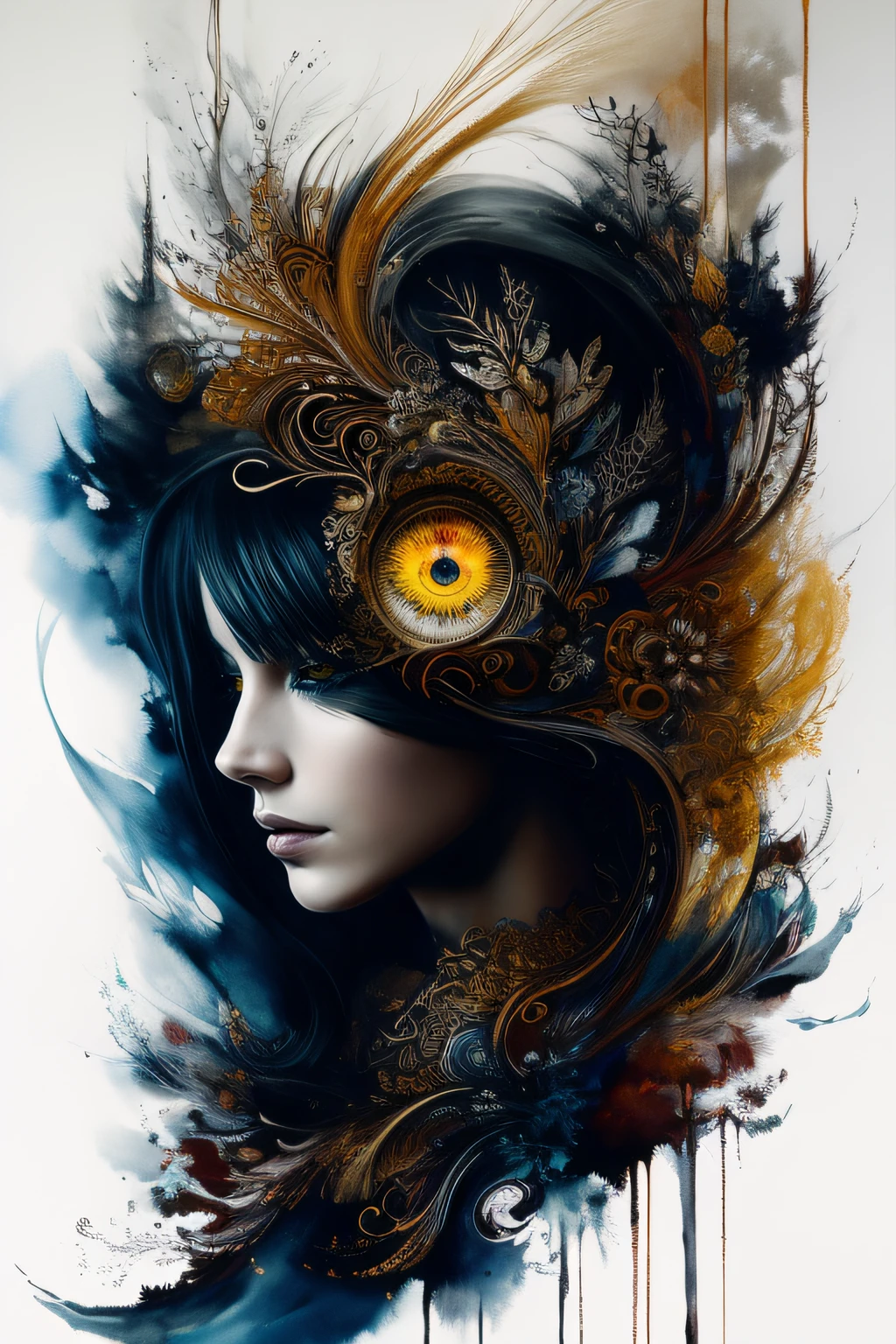 Colorful beautiful woman: Black ink flow: 8k resolution photorealistic masterpiece: by Aaron Horkey and Jeremy Mann: intricately detailed fluid gouache painting: by Jean Baptiste Mongue: calligraphy: acrylic: watercolor art, professional photography, natural lighting, volumetric lighting maximalist photoillustration: by marton bobzert: 8k resolution concept art intricately detailed, complex, elegant, expansive, fantastical, Golden Eyes.