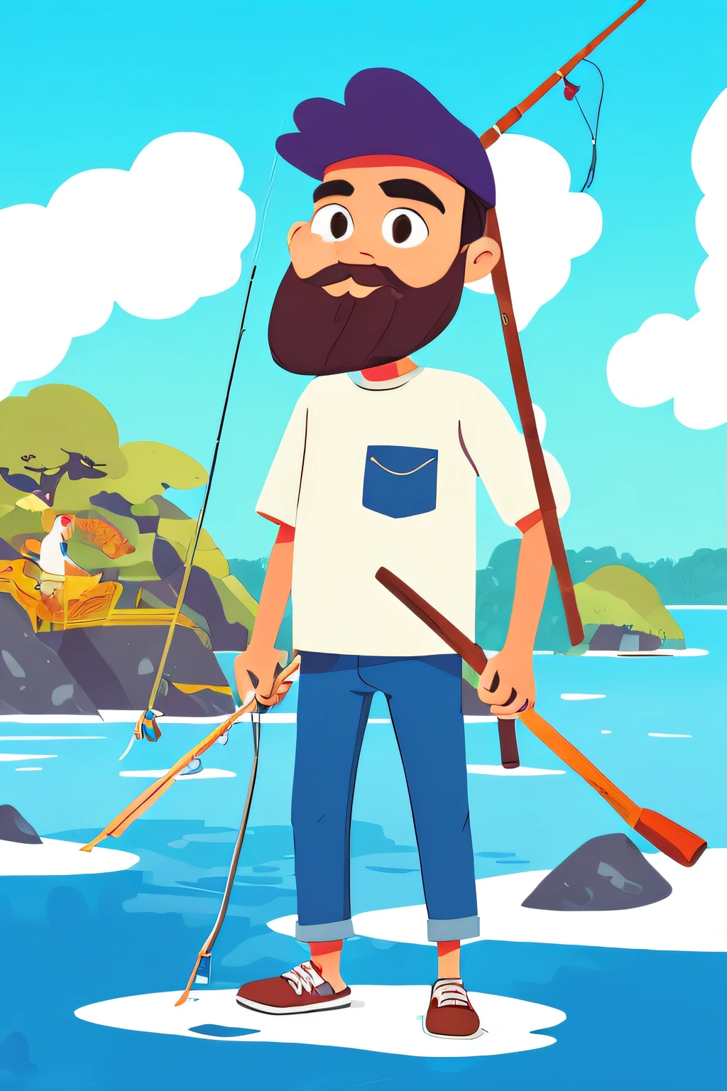 1 man, solo, cartoon man, old man, beard, full body, standing, hands holding fishing rod, going fishing, cartoon style, (big head), colorful shirt, colorful, flat color, (white background), (simple background)