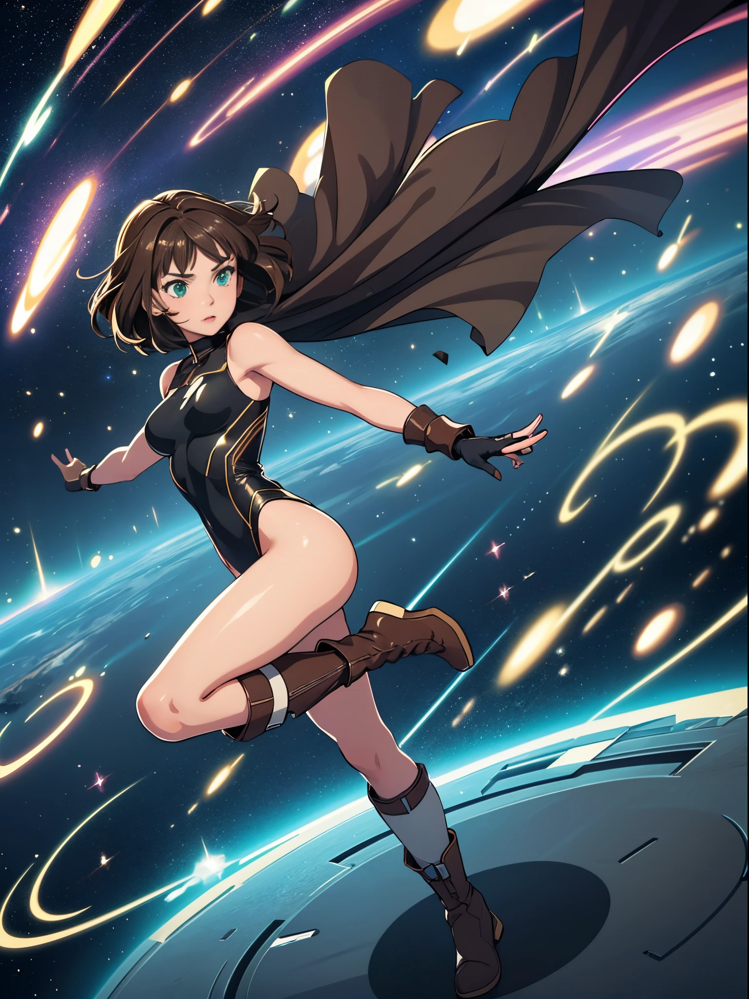 1girl, mature adult, dark-brown hair, leotard, bare legs, boots, gloves, space, bracelets, green eyes, solo, single, spread arms, standing, spinning like a tornado, bob hair, short hair, light particles, sparkling, super speed, solo, single, speed lines