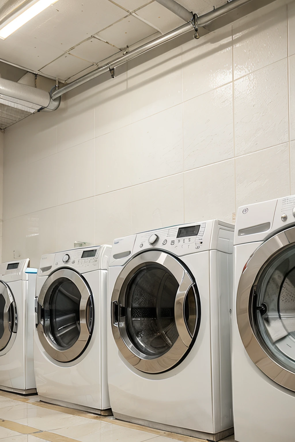 Background of washing machines lined up in a laundromat